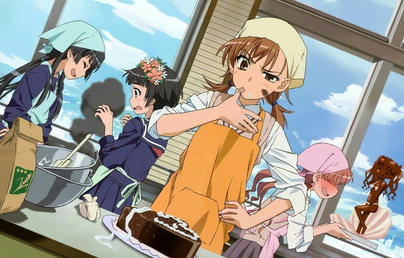 1332x850 Wallpaper kitchen, girls, Toaru Kagaku no Railgun, cooking, Of Shirai Kuroko, Mikoto Misaka, Kazari Uiharu, Ruiko Saten image for desktop, section прочее