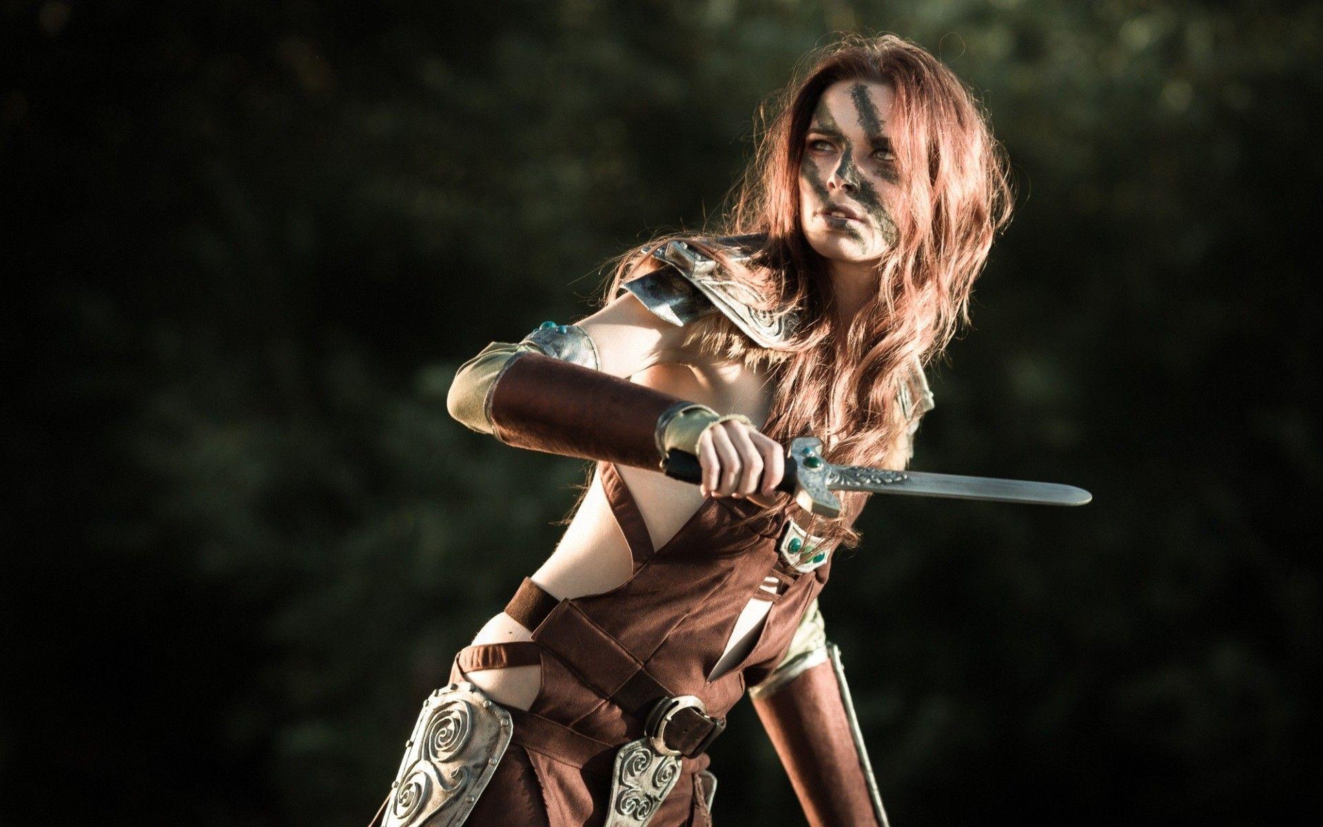 1920x1200 women, cosplay, redheads, models, freckles, warriors, The Elder Scrolls, dragonborn, dagger, Aela the Huntress wallpaper