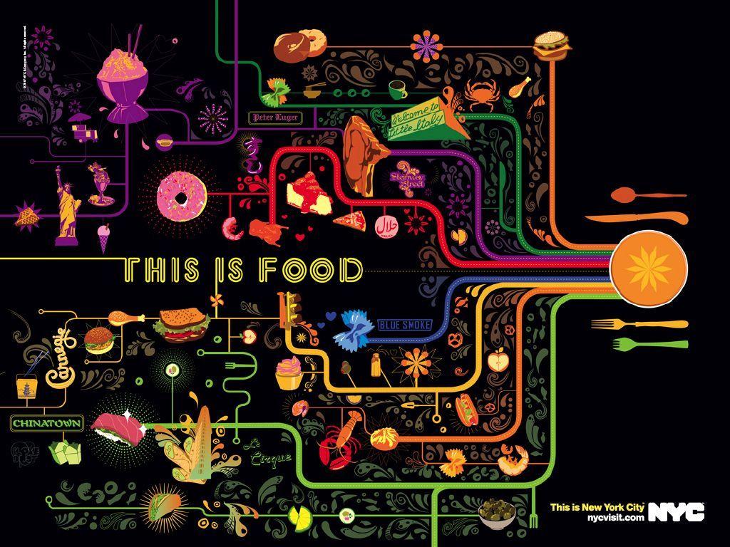 1024x768 food illustrations New York City advertisement / 1024x768 Wallpaper. Food illustrations, Creative illustration, Wallpaper