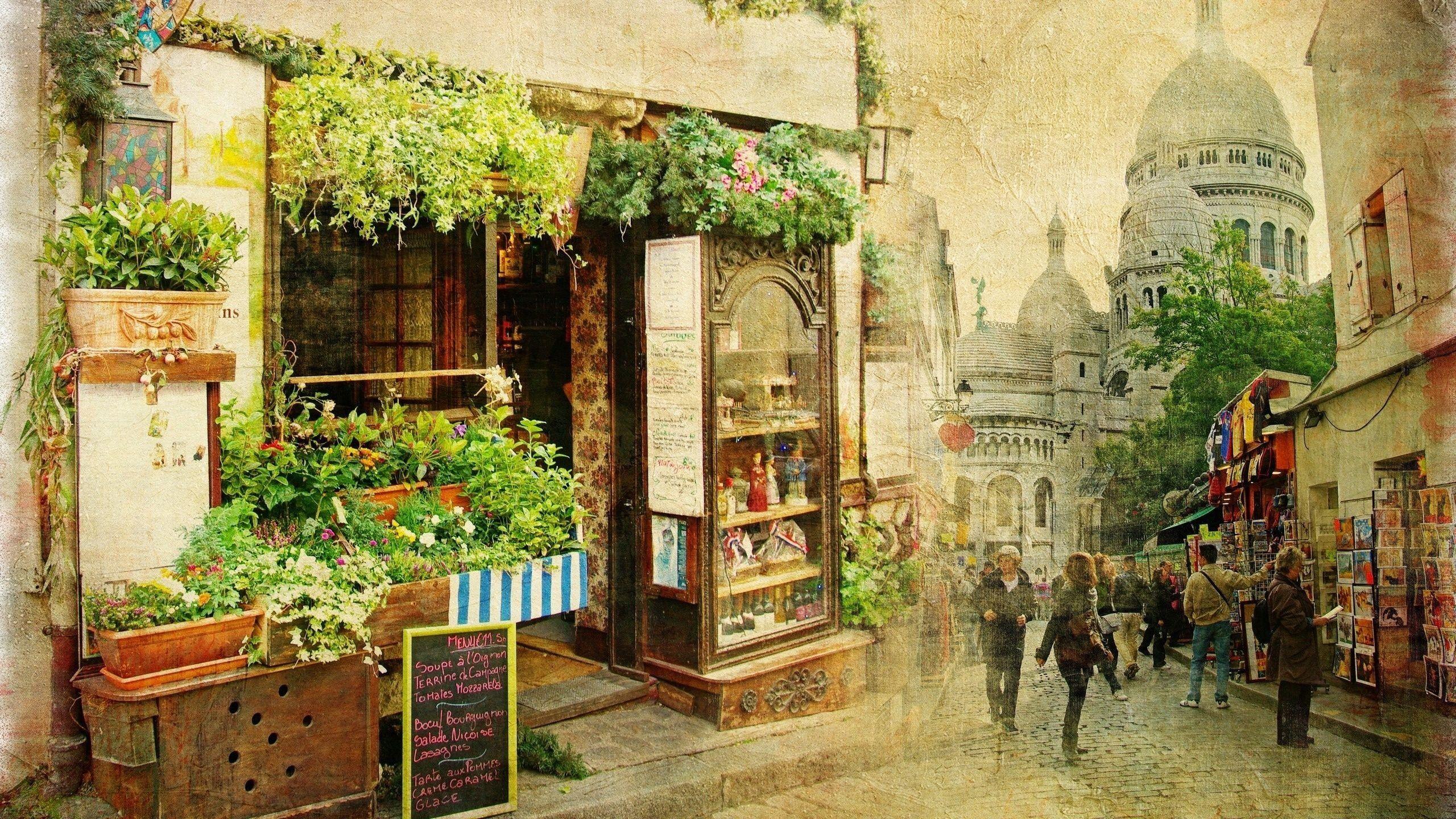 2560x1440 cityscape, Architecture, Town square, Europe, Paris, Montmartre, Sacre Coeur, Cathedral, Street, Crowds, Adobe Photohop, Painting, Tourism, Restaurant, France Wallpaper HD / Desktop and Mobile Background