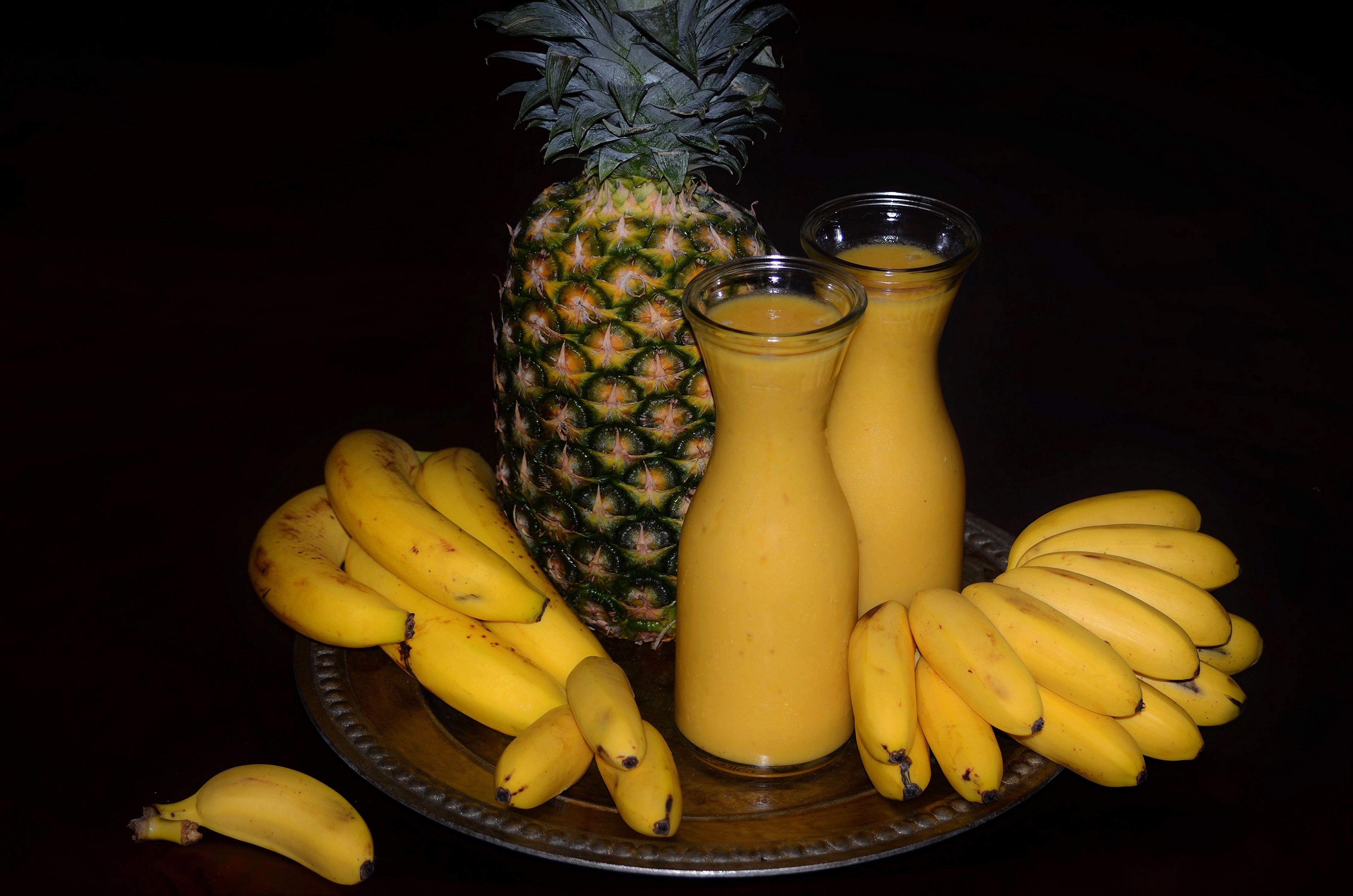 4530x3000 image Milk Juice Bananas Pineapples Food bottles 4530x3000