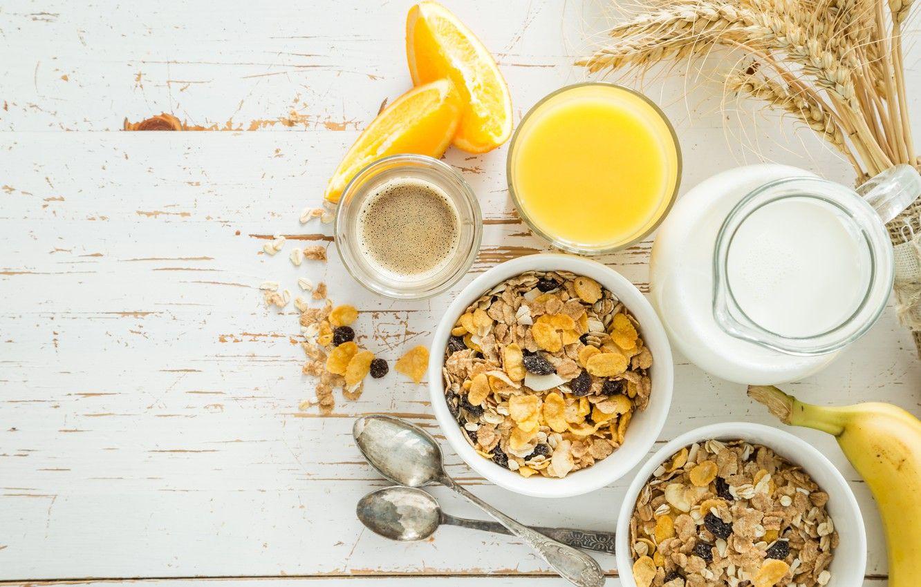 1332x850 Wallpaper coffee, orange, food, Breakfast, milk, juice, banana, fresh, muesli image for desktop, section еда