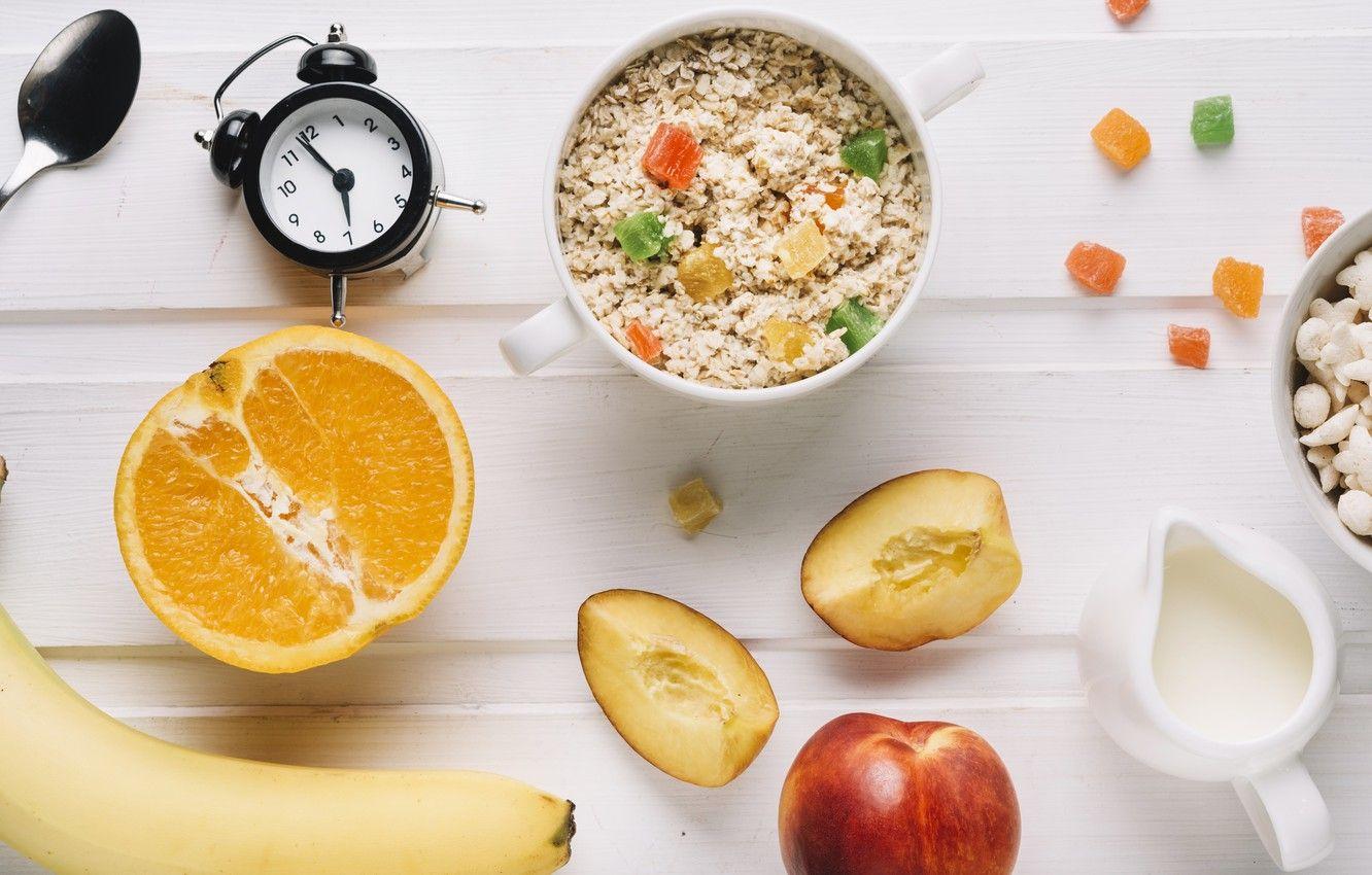 1332x850 Wallpaper orange, food, Breakfast, milk, banana, wood, nectarine, candied, oatmeal image for desktop, section еда