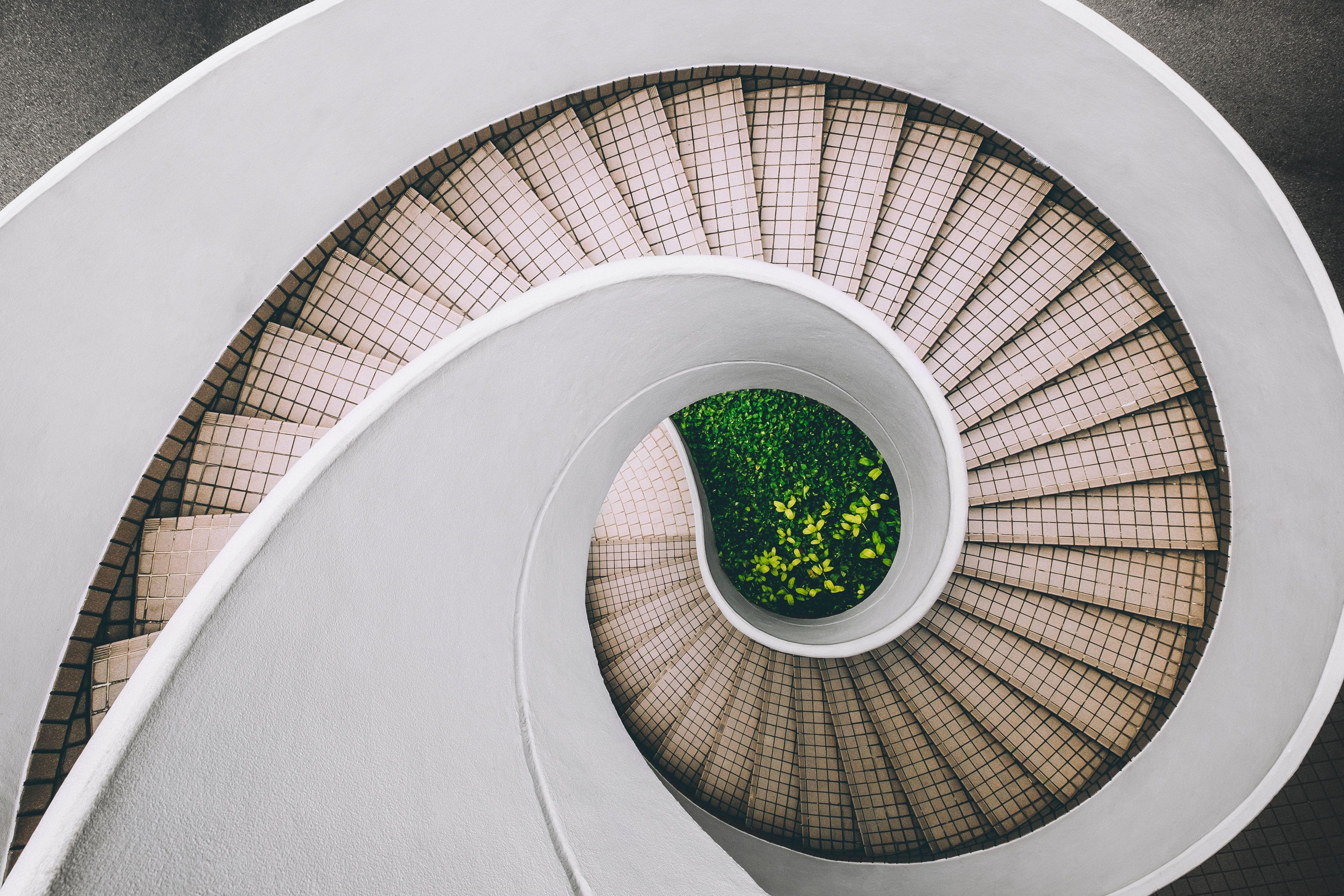4844x3229 white and brown concrete spiral stairs photo