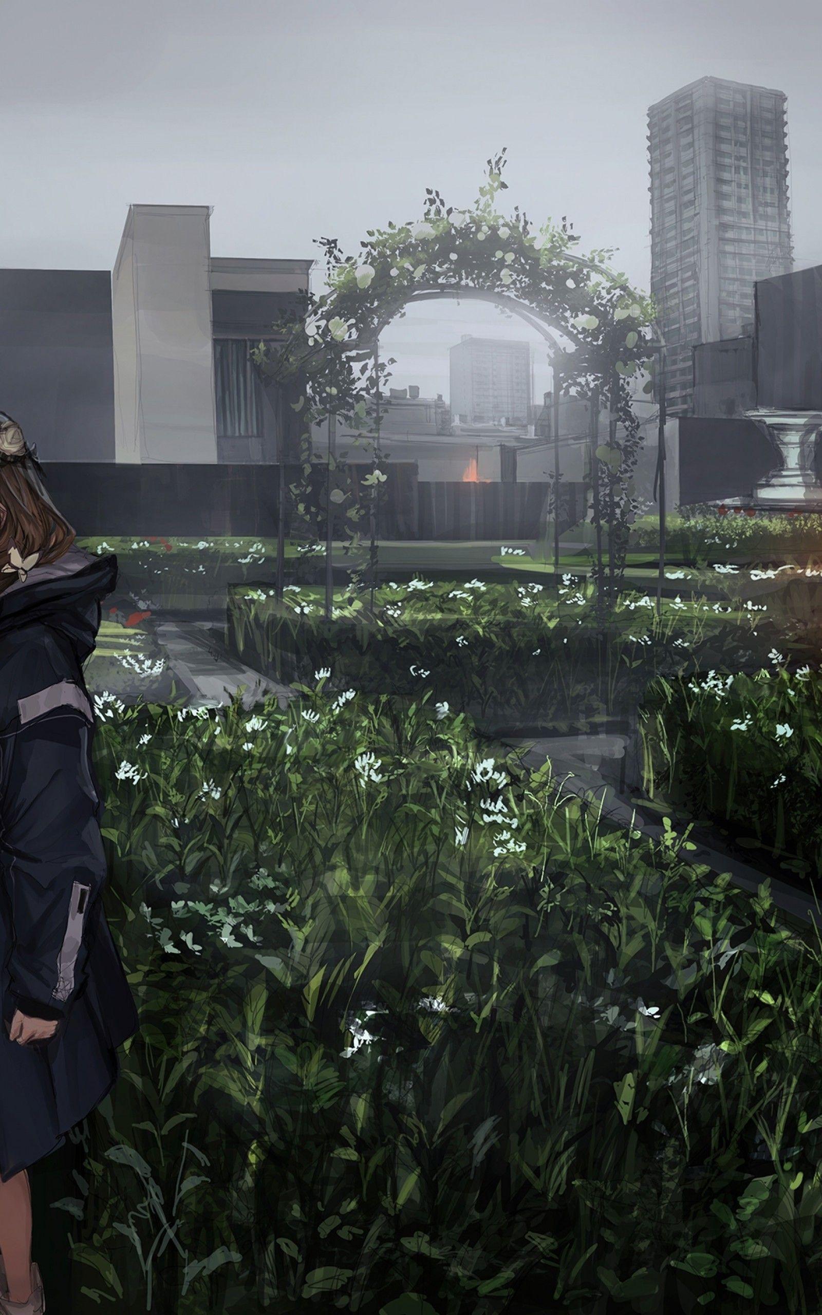 1600x2560 Download 1600x2560 Anime Girl, Garden, Buildings, Dark Weather, Rod Wallpaper for Google Nexus 10