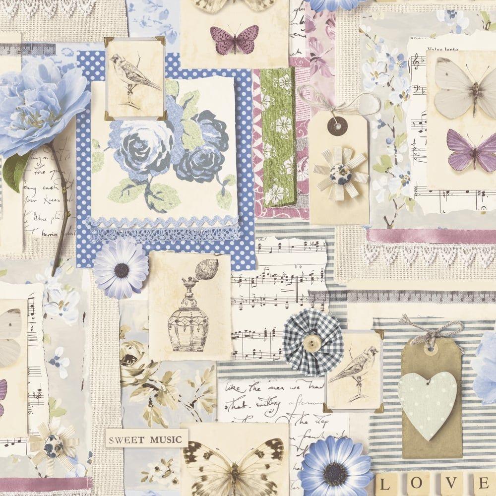 1000x1000 Grandeco Amelie Floral Collage Pattern Wallpaper Heart Rose Bird Butterfly Motif A23802 Blue. I Want Wallpaper