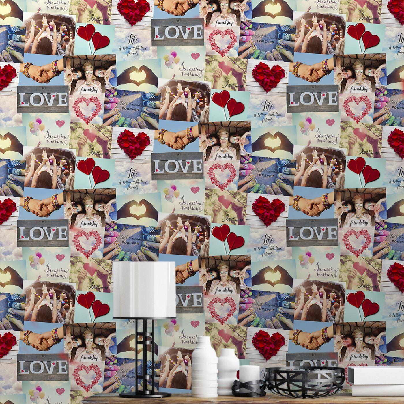 1400x1400 COLLAGE WALLPAPER KIDS ADULTS SHABBY CHIC UNICORNS WOOD HEARTS CARS