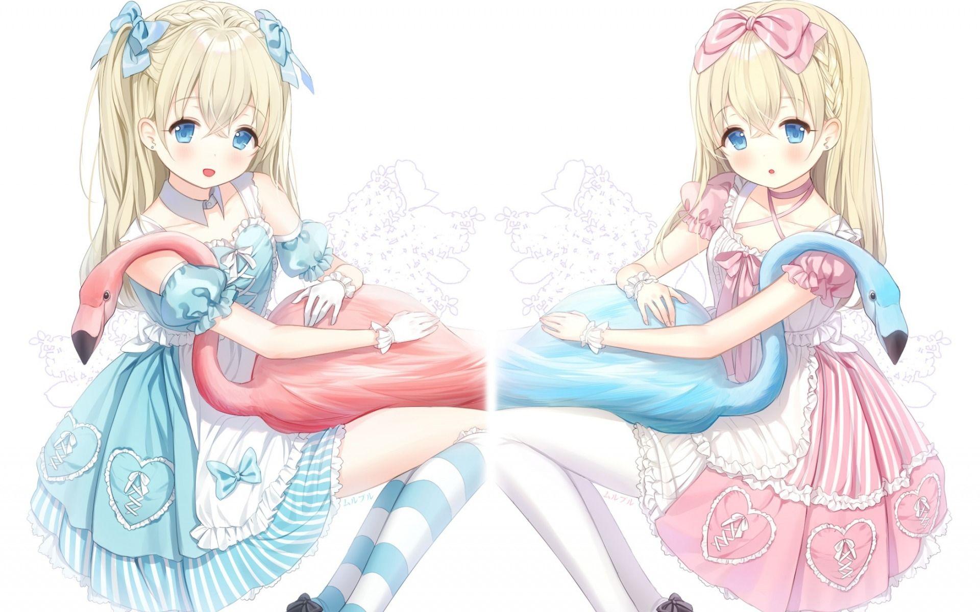 1920x1200 Download wallpaper Alice in Wonderland, Japanese anime, manga, twins, blue flamingos, pink flamingos for desktop with resolution 1920x1200. High Quality HD picture wallpaper