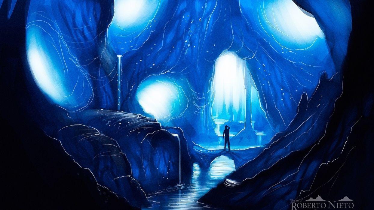 1244x700 Ice landscapes caves silhouettes fantasy art artwork rivers cavern mystical Abstract wallpaperx900