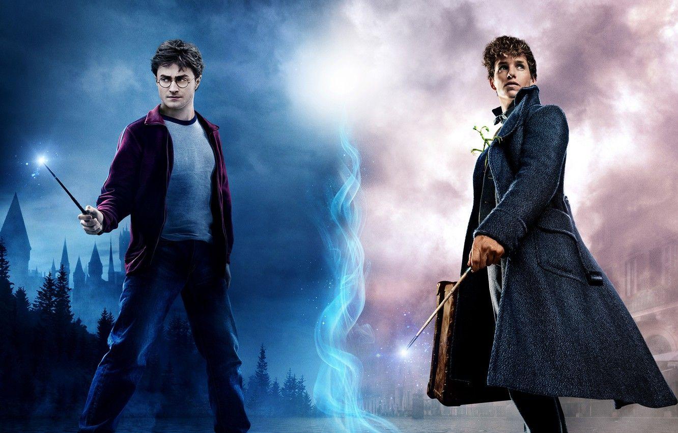 1332x850 Wallpaper magic, magic, sticks, Harry Potter, poster, Daniel Radcliffe, Harry Potter, Daniel Radcliffe, Eddie Redmayne, Eddie Redmayne, Newt Scamander, Wizarding World image for desktop, section фильмы