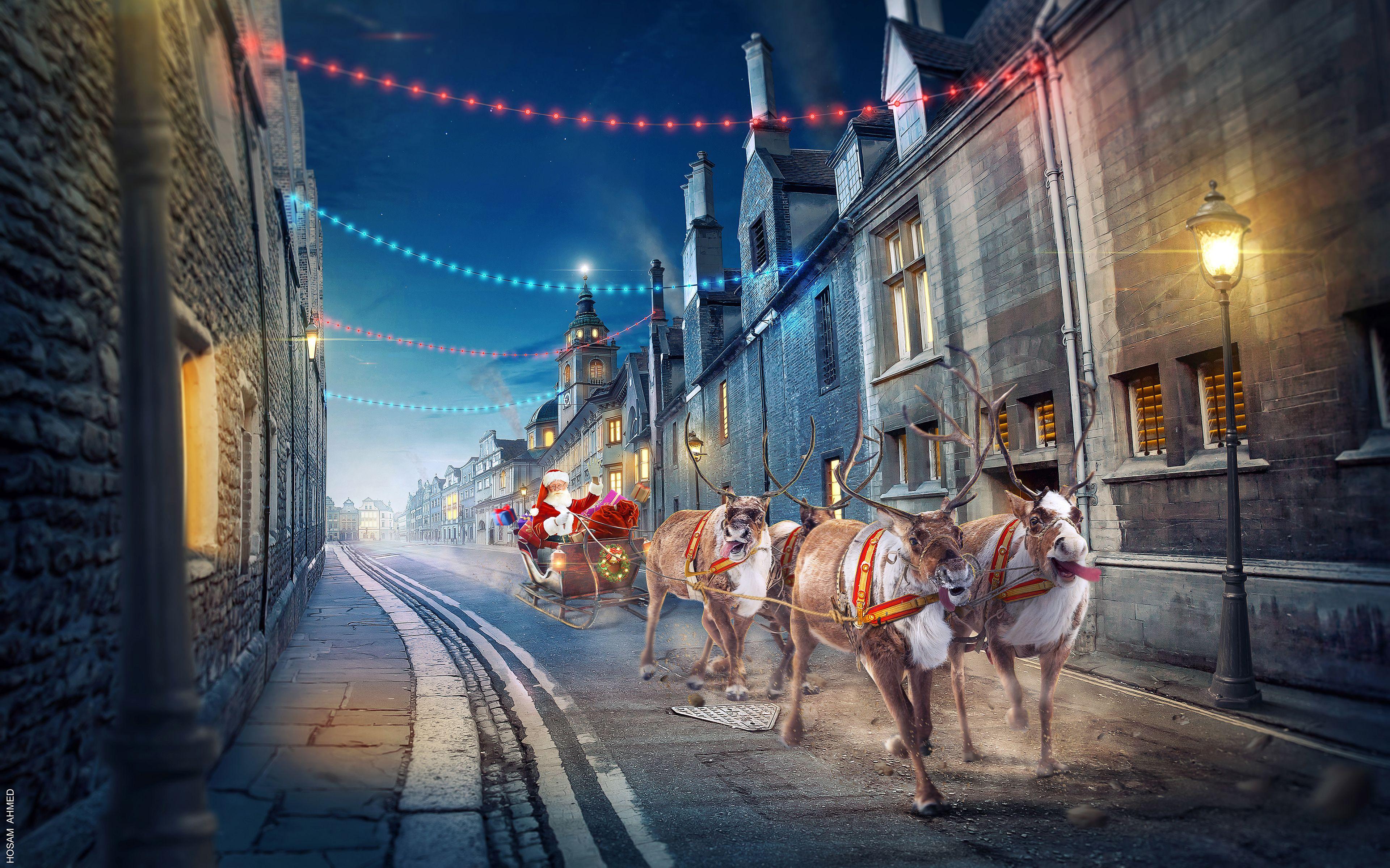 3840x2400 Santa Claus Reindeer Chariot 4K Wallpaper