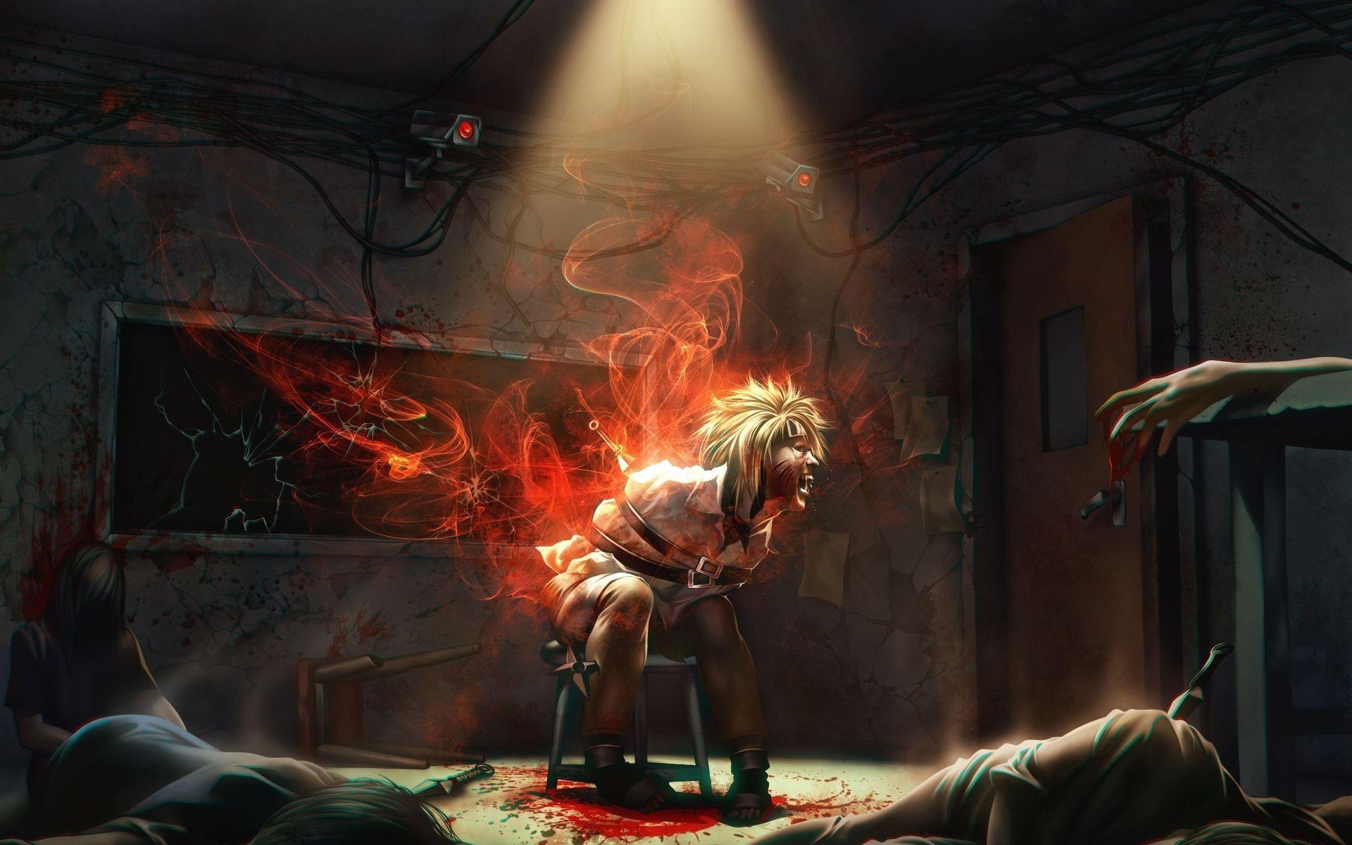 1920x1200 blood, spotlight, anime, Naruto Uzumaki, corpse, bound, wires, chakra, Jinchuuriki wallpaper