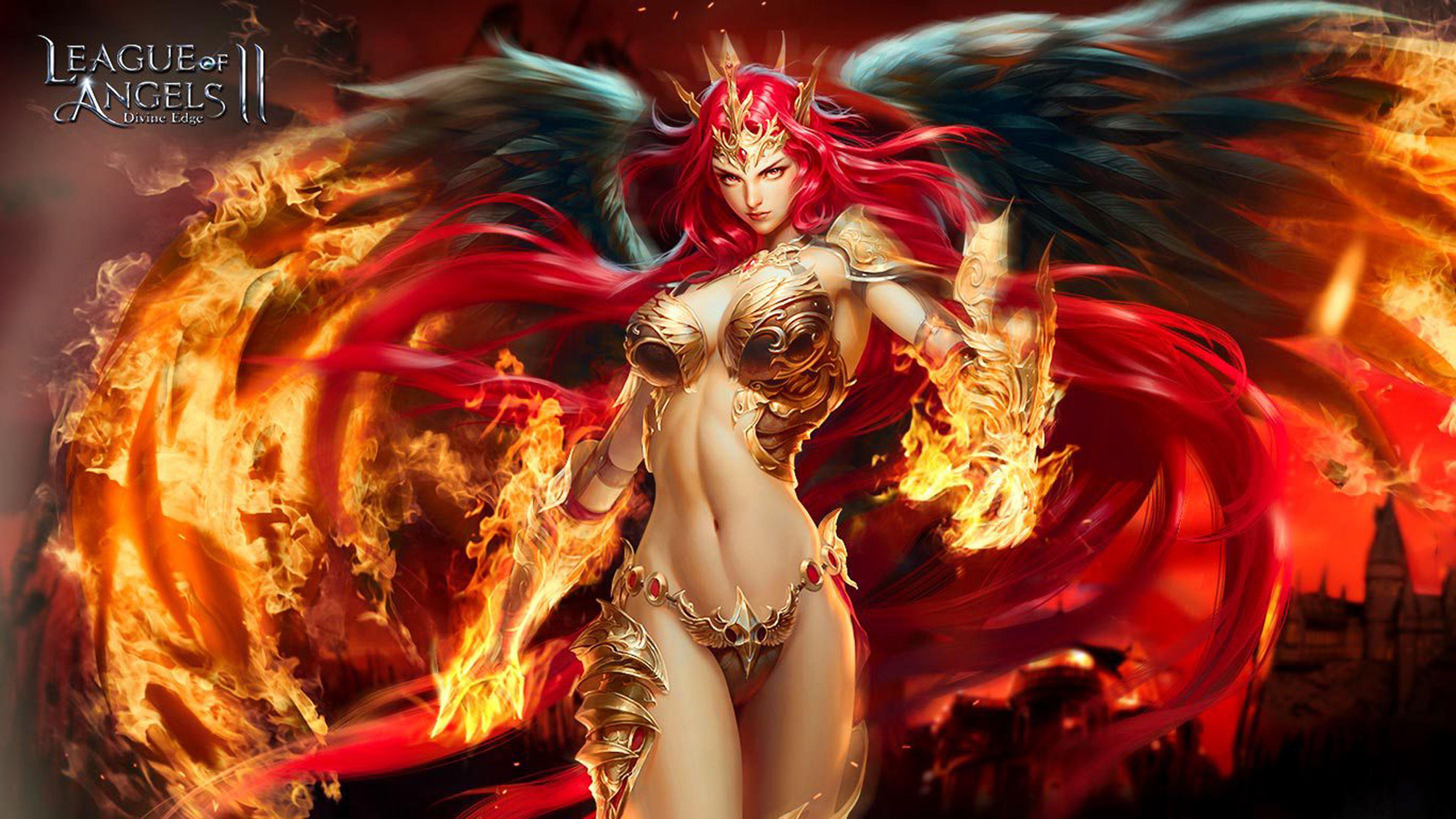 3840x2160 League of Angels 2 characters Mikaela Angel girl Skill magic red long hair magic fire art HD Wallpaper 3840x2160 :