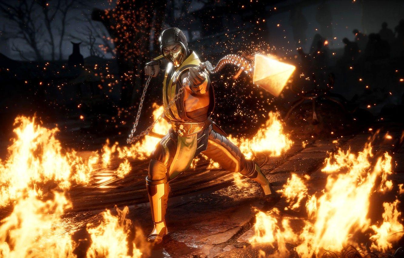 1332x850 Wallpaper fire, game, Scorpion, ninja, fighting, get over here, MK screenshot, NetherRealm Studios, Mortal Kombat - for desktop, section игры