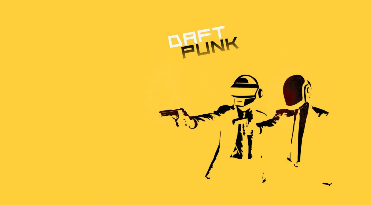 1267x700 Minimalistic music guns yellow blood Daft Punk Pulp Fiction parody dancing wallpaperx1056
