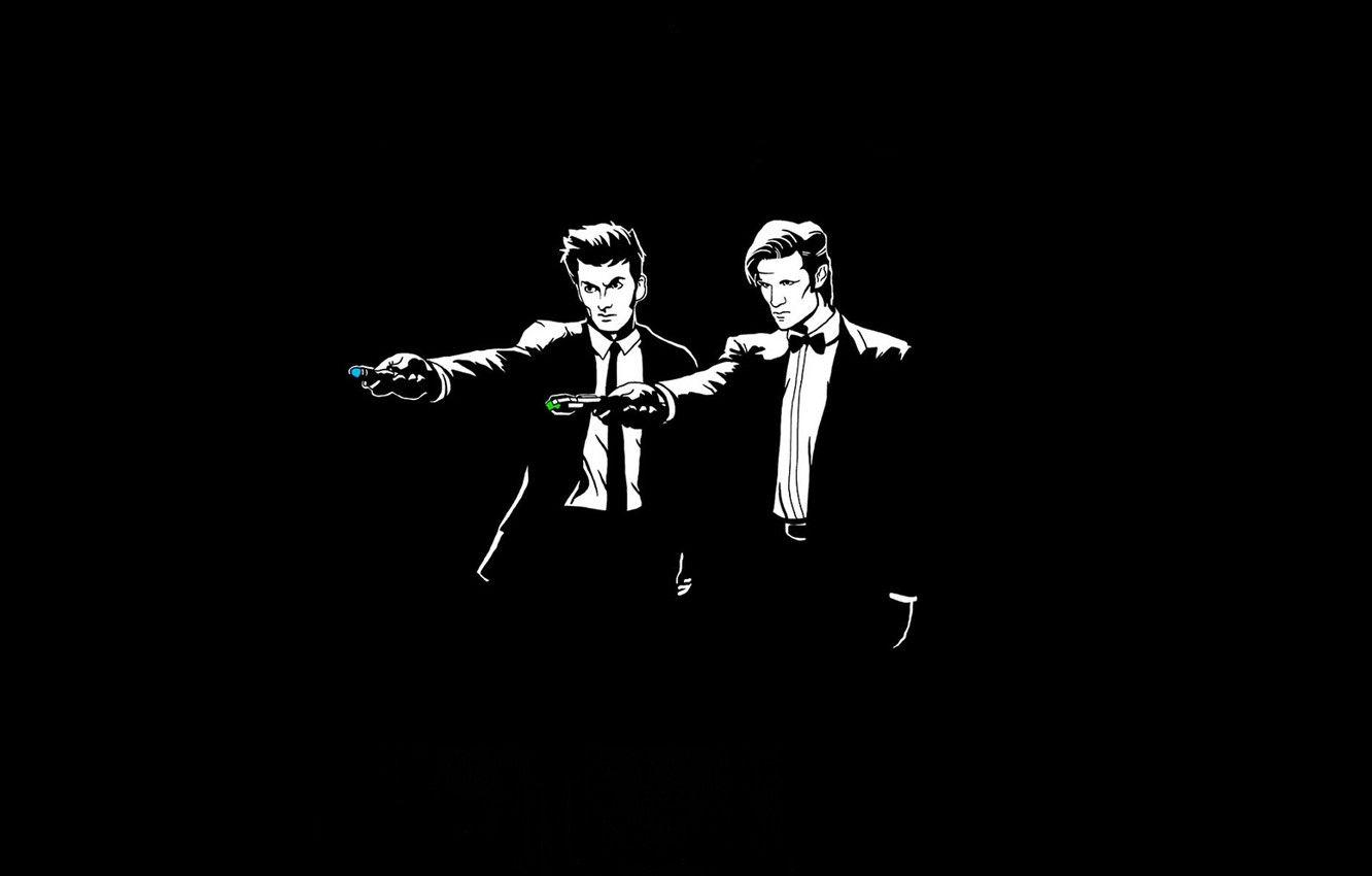 1332x850 Wallpaper art, costume, parody, black and white, black background, Doctor Who, men, Doctor Who, pulp fiction, pulp fiction, The Eleventh Doctor, sonic screwdriver, Tenth Doctor, Tenth Doctor, Eleventh Doctor image for desktop