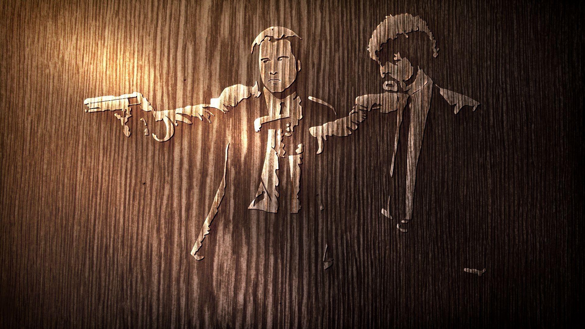 1920x1080 Download Wallpaper 1920x1080 pulp fiction, tree, actors, john travolta, samuel jackson, gun Full HD 1080p HD Background