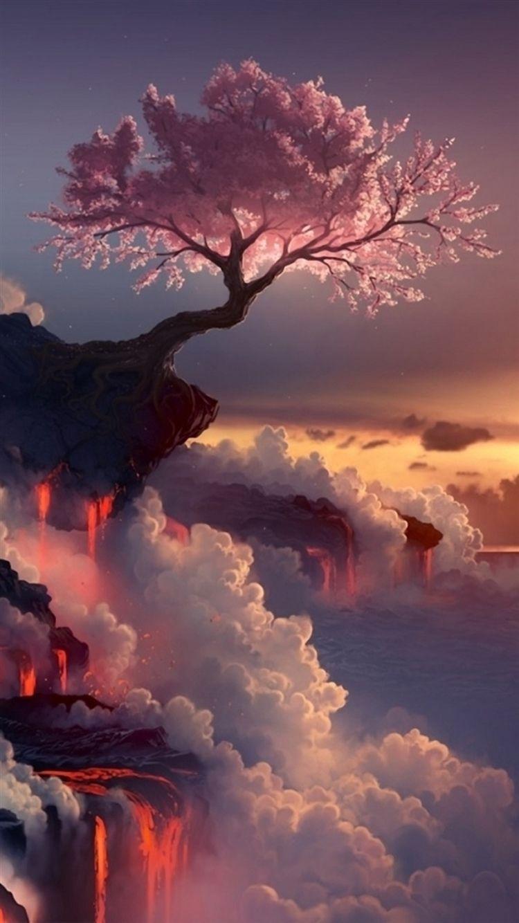 750x1334 Fantasy Pink Cherry Blossoms Cloudy Mountain Top Skyscape Paint Art iPhone 8 Wallpaper Free Download