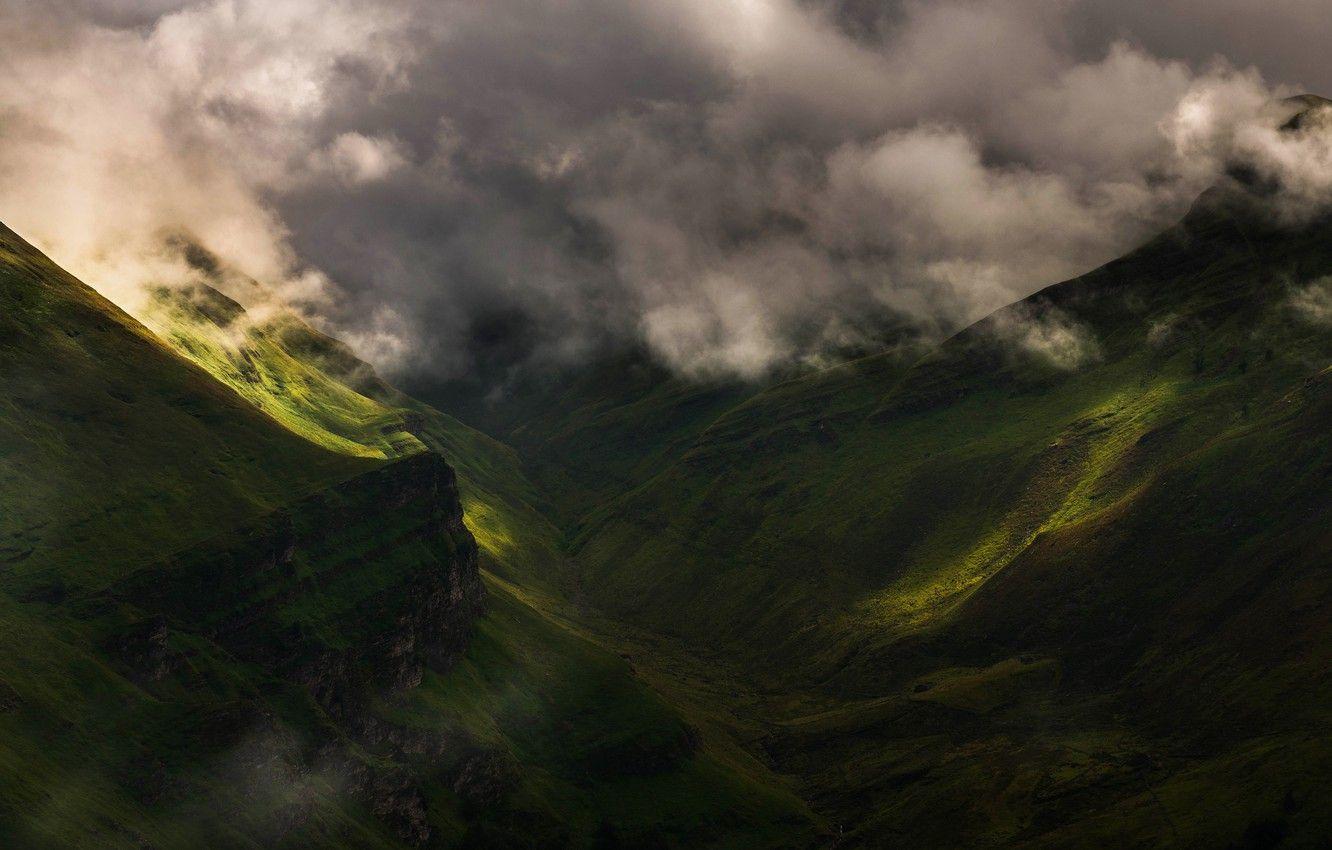 1332x850 Wallpaper summer, clouds, light, mountains, fog, hills, the slopes, morning, green, haze, cloudy image for desktop, section пейзажи