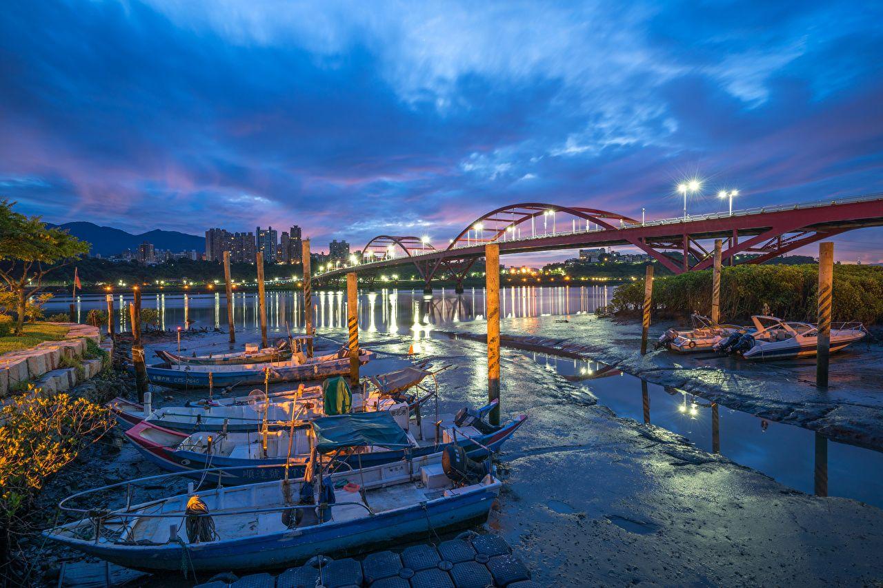 1280x853 Wallpaper Taiwan New Taipei Boats Rivers Evening Marinas Street