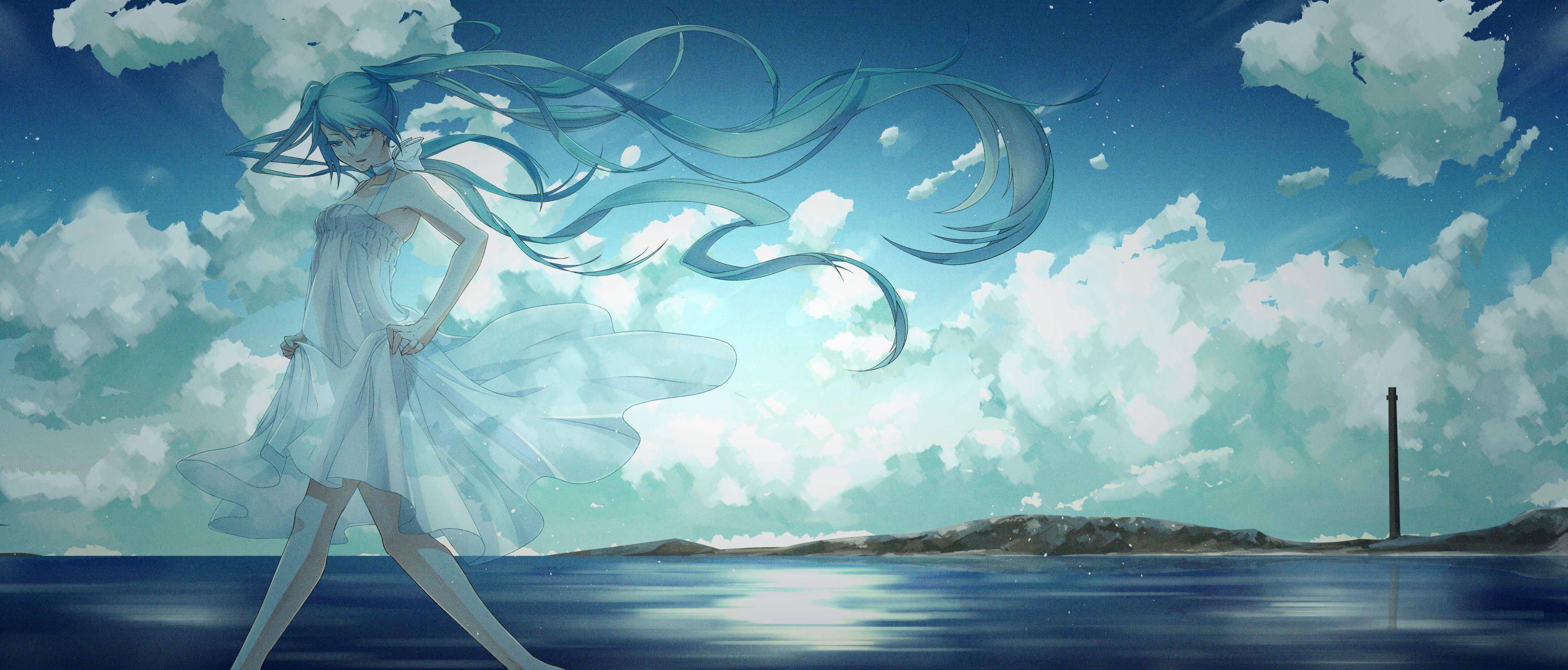 3100x1325 Vocaloid choker clouds dress hatsune miku no_734 sky vocaloid water wallpaperx1325