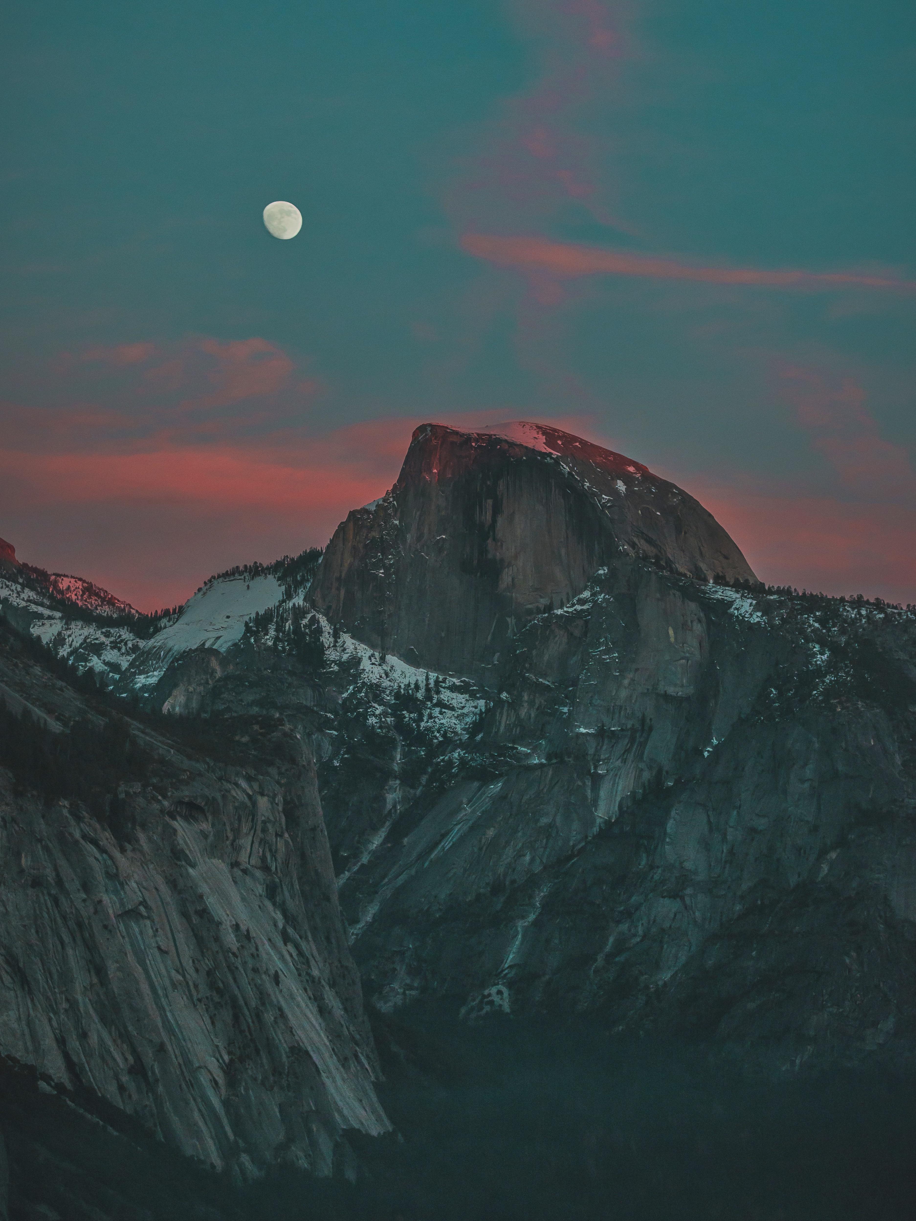 3747x4997 Waxing Gibbous Moon Rising Over a Snowy Half Dome at Yosemite Valley. iPhone X Wallpaper X Wallpaper HD