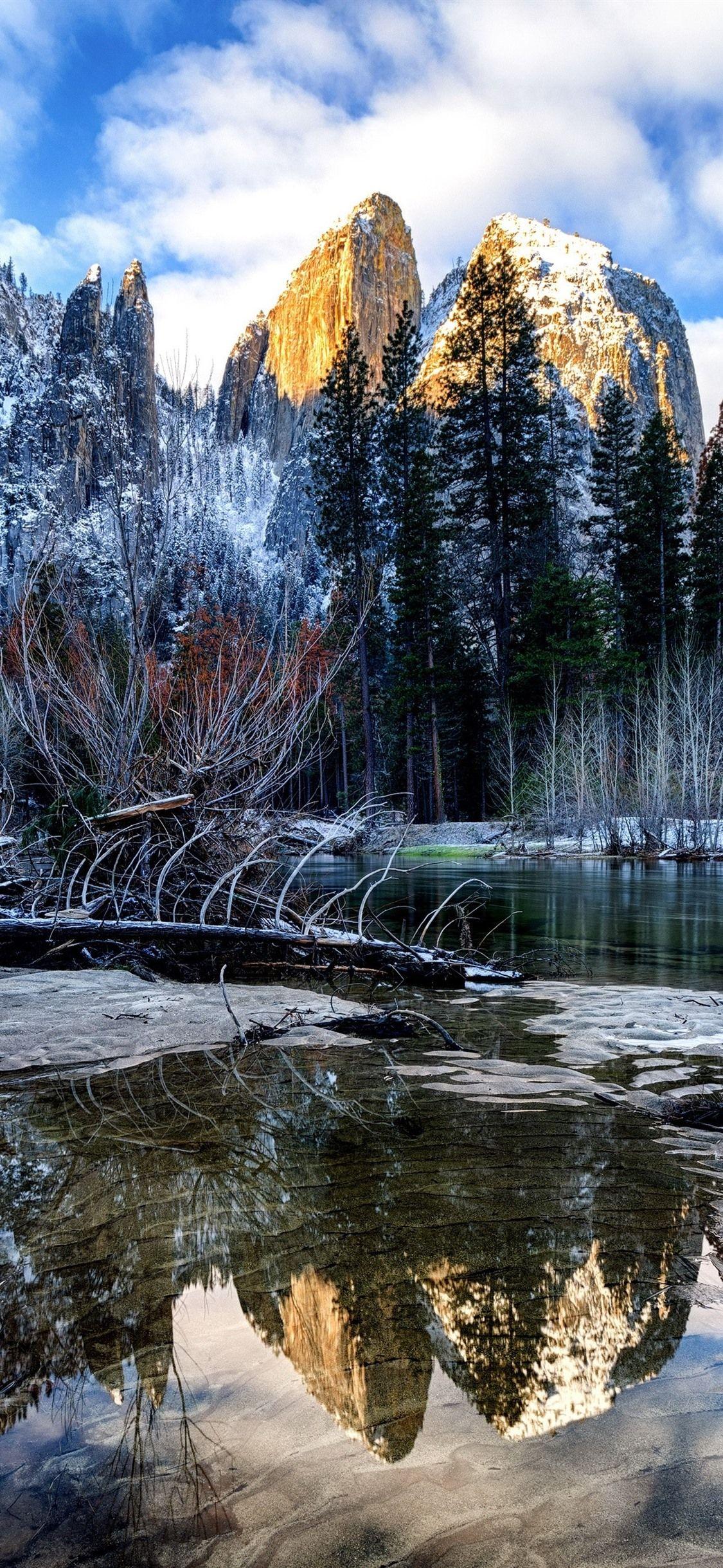 1125x2436 Winter, River, Trees, Mountains, Snow, Yosemite National Park, USA 1125x2436 IPhone 11 Pro XS X Wallpaper, Background, Picture, Image