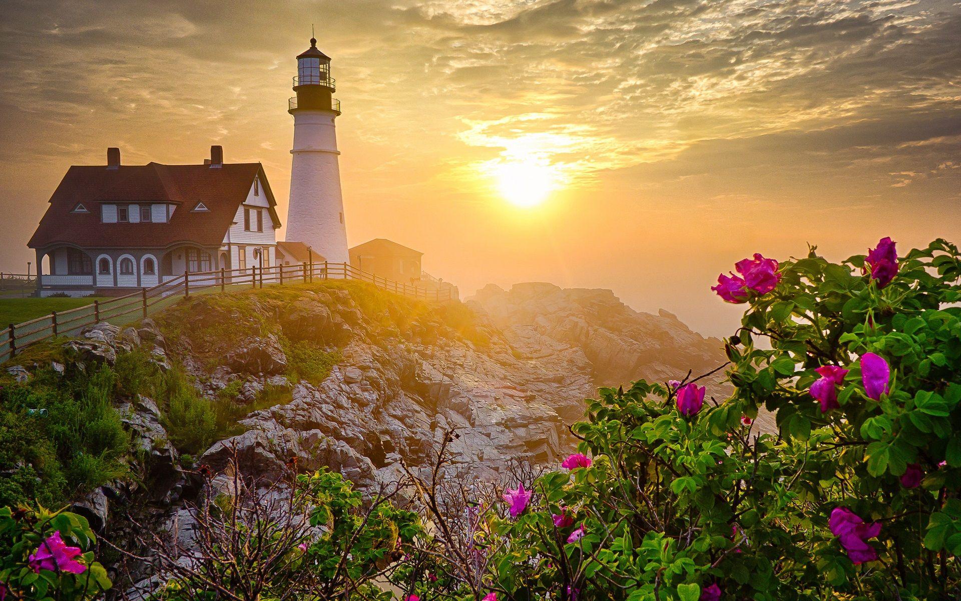 1920x1200 Lighthouse And Flowers Wallpaper