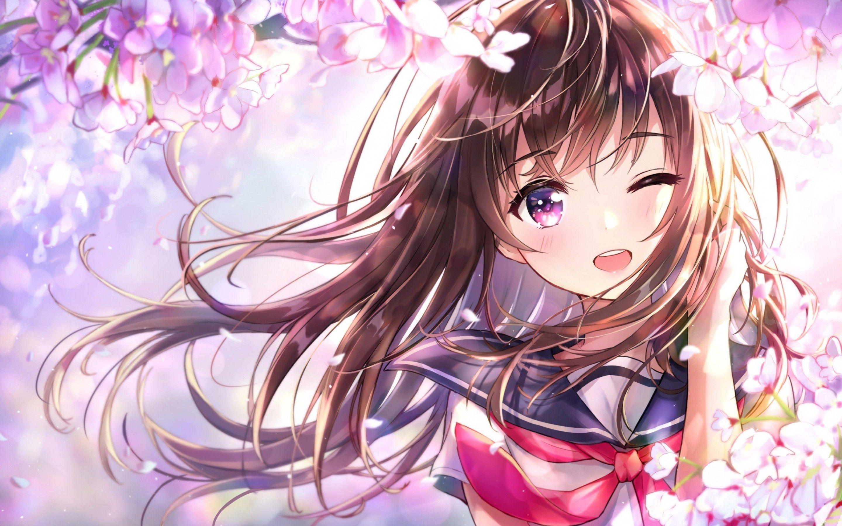 2880x1800 Download 2880x1800 Anime Girl, Wink, Cherry Blossom, Cute, School Uniform, Smiling Wallpaper for MacBook Pro 15 inch