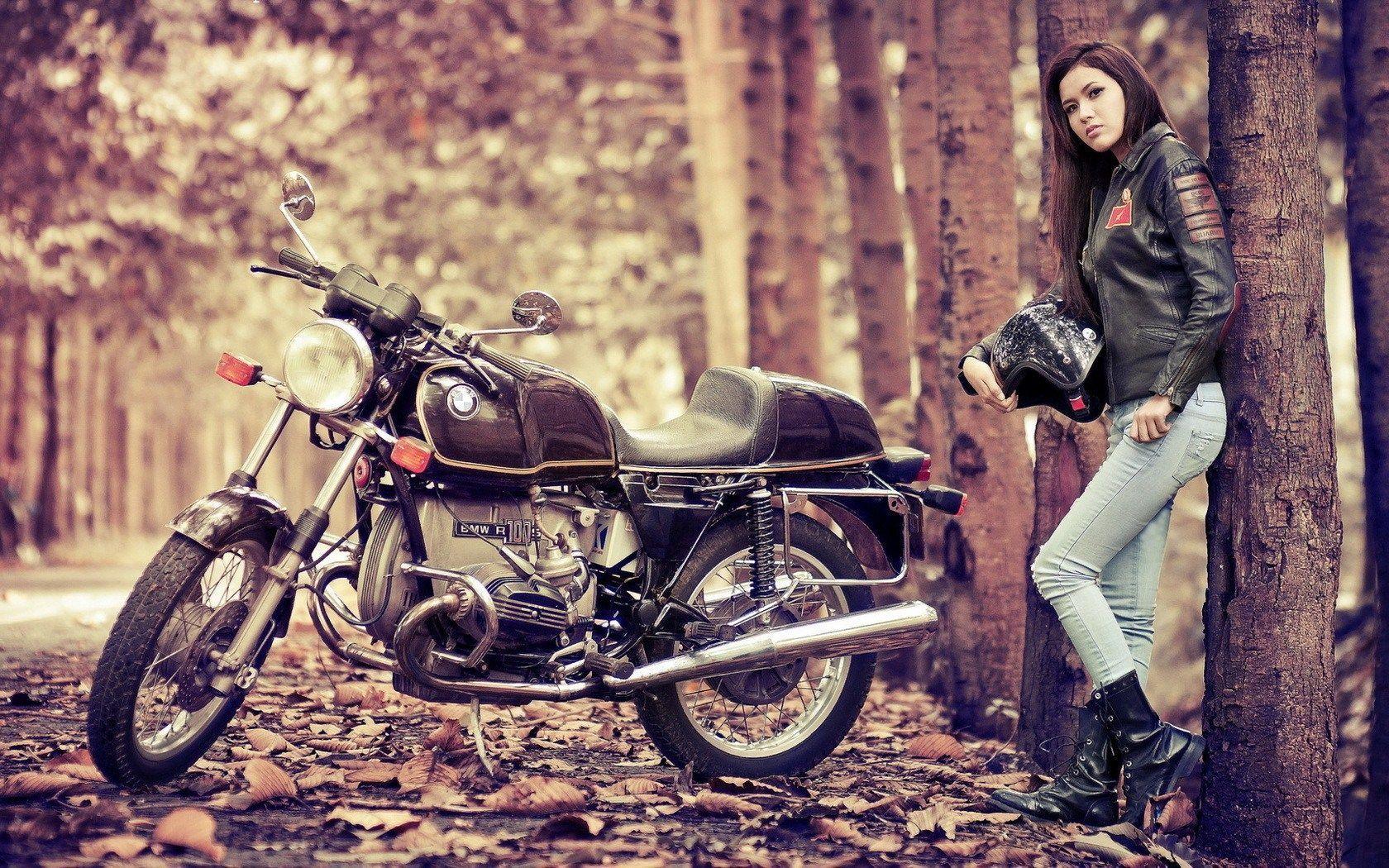 1680x1050 Beautiful asian biker girl with her BMW motorcycle in the forest