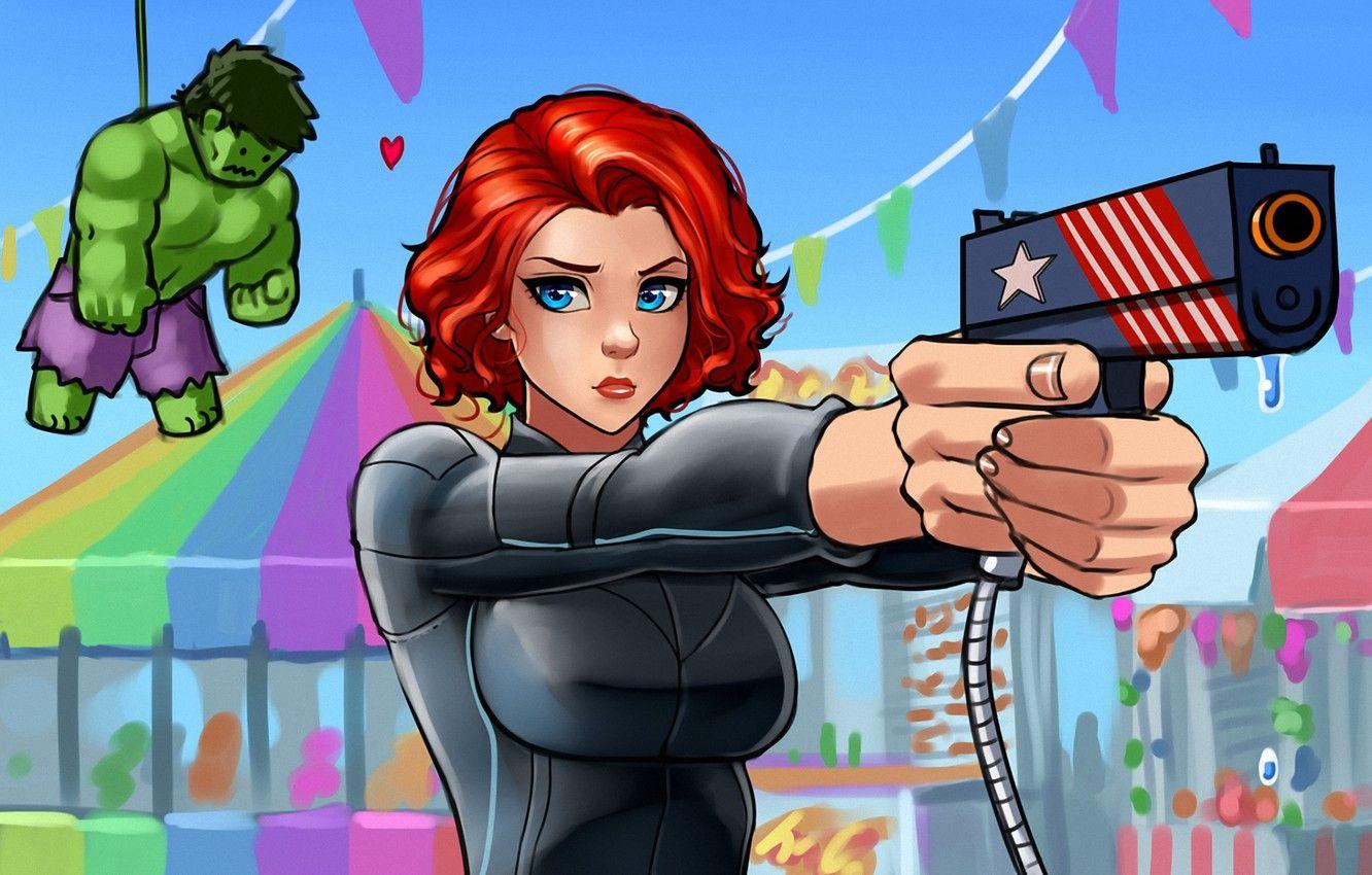 1332x850 Wallpaper eyes, look, girl, face, Park, gun, toy, red, amusement, hulk, Black Widow, marvel comics, The Avengers, black widow, Natasha Romanova, natasha romanoff image for desktop, section фантастика