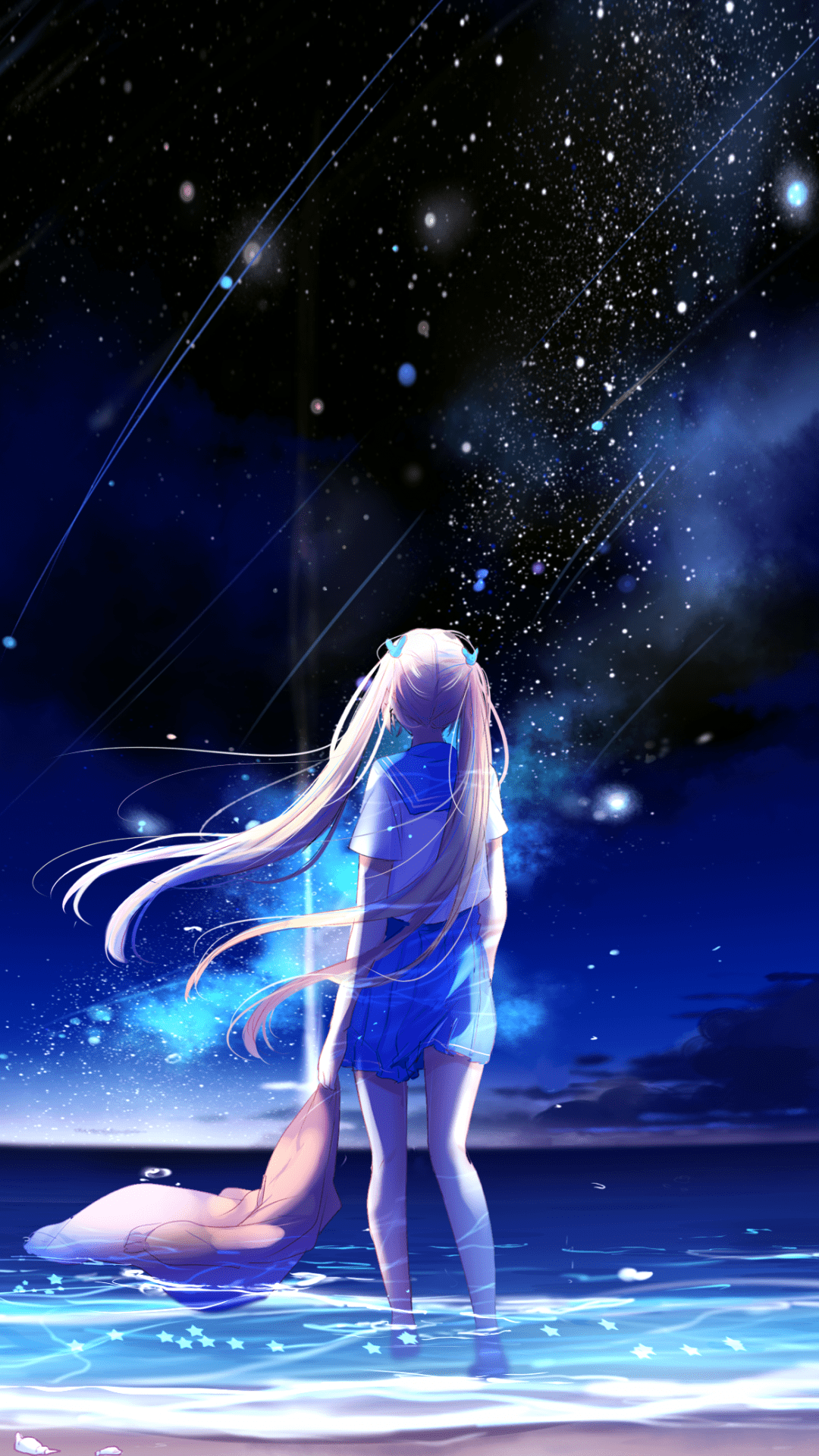 1080x1920 Wallpaper Anime girl, Night, Sea, Beach, Blue, 4K, Anime / Editor's Picks,. Wallpaper for iPhone, Android, Mobile and Desktop
