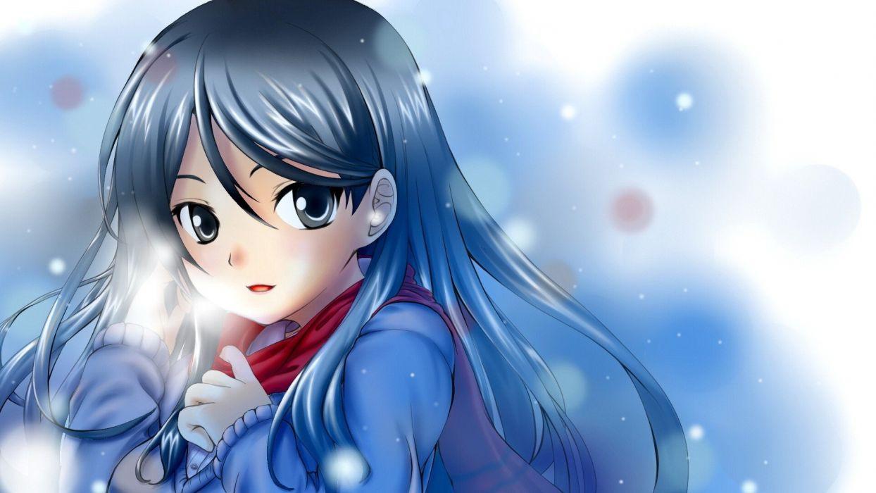1244x700 Anime girl blue hair blue eyes snowing wallpaperx1080