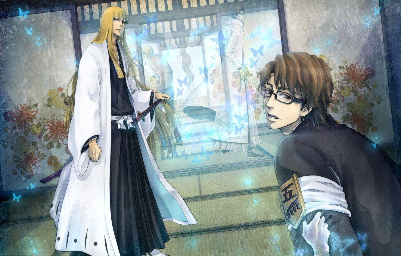 1332x850 Wallpaper weapons, butterfly, katana, kimono, bleach, hirako shinji, aizen sousuke image for desktop, section прочее