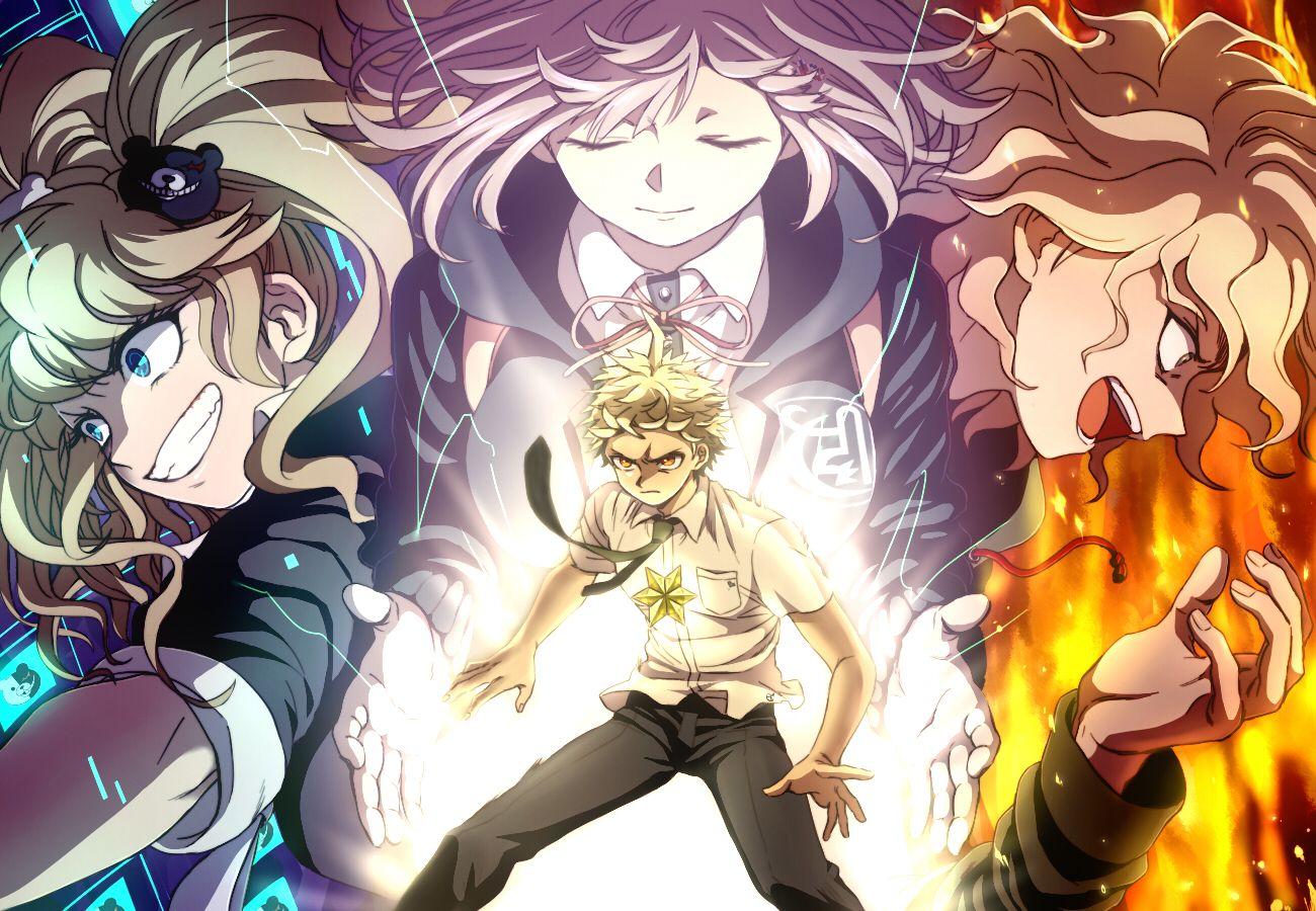 1300x900 nanami chiaki, enoshima junko, komaeda nagito, monokuma, and hinata hajime (danganronpa and 2 more) drawn