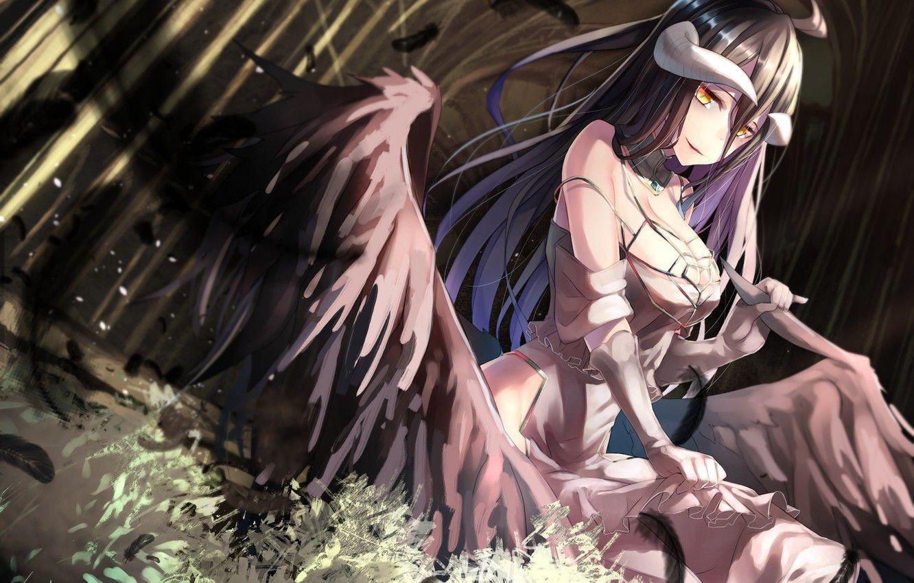 1332x850 Wallpaper girl, wings, horns, anime, art, albedo, overlord image for desktop, section прочее