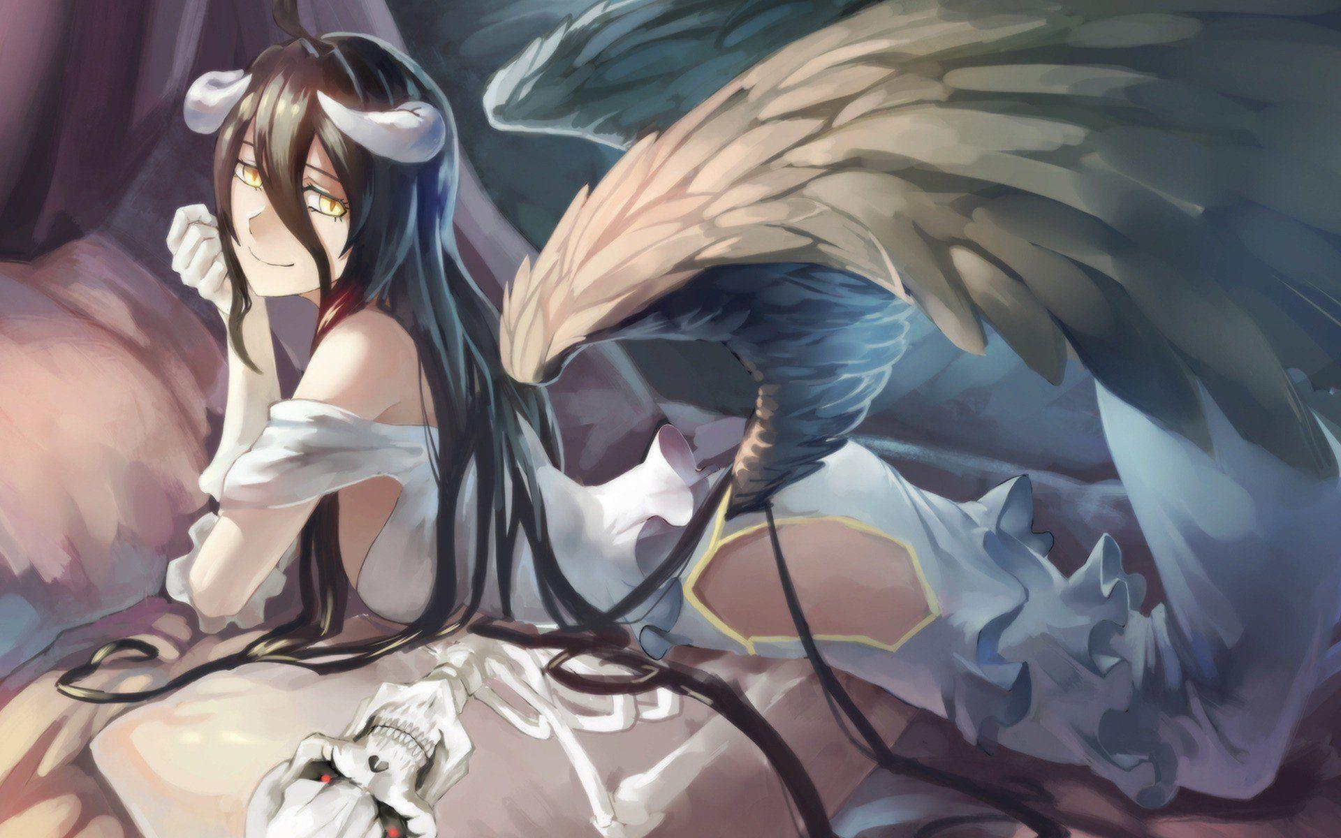 1920x1200 long hair, Anime, Anime girls, Overlord (anime), Albedo (OverLord), Black hair, Wings, Yellow eyes, Horns HD Wallpaper / Desktop and Mobile Image & Photo