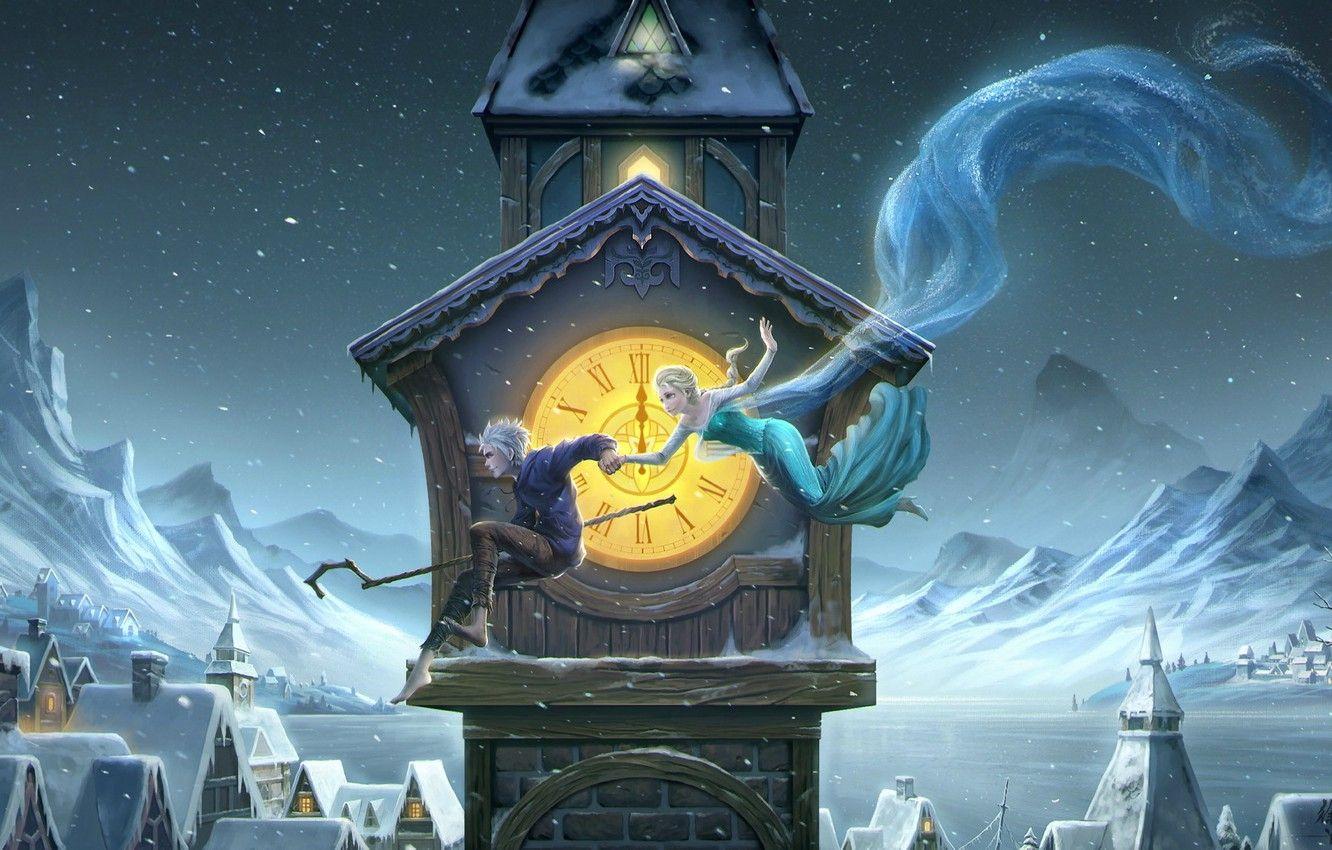 1332x850 Wallpaper winter, girl, night, tower, guy, art, frozen, midnight, Rise of the Guardians, Jack Frost, elsa image for desktop, section живопись