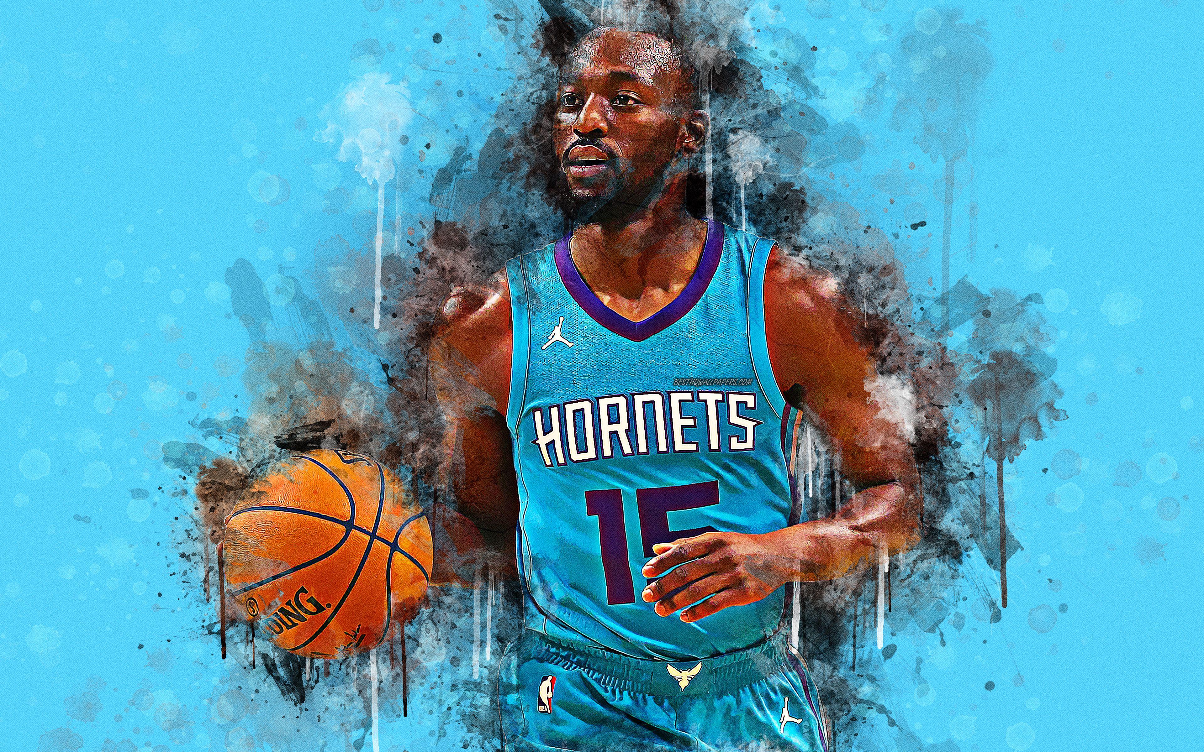 3840x2400 Download wallpaper Kemba Walker, 4k, creative art, American basketball player, Charlotte Hornets, paint art, bright splashes, grunge style, NBA, USA, bluegrange background, Kemba Hudley Walker for desktop with resolution 3840x2400. High Quality