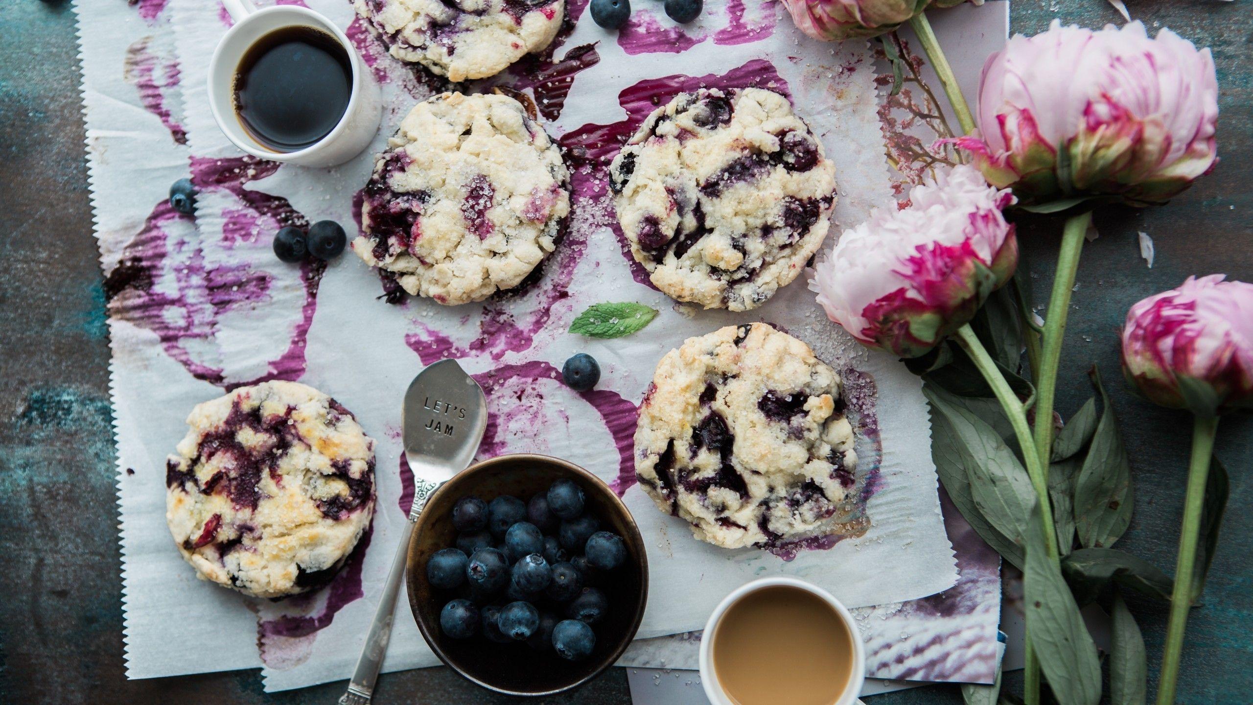 2560x1440 Download 2560x1440 Cookies, Berries, Flowers, Biscuits, Dessert, Pastry, Coffee, Top View Wallpaper for iMac 27 inch