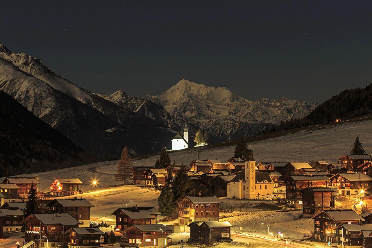 1280x853 Desktop Wallpaper Switzerland Bergdorf Winter Mountains Snow Night