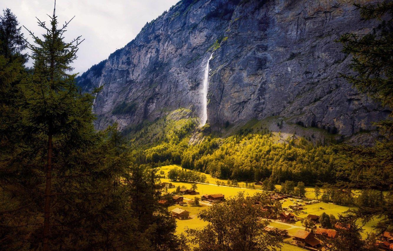 1332x850 Wallpaper forest, trees, mountains, rocks, field, waterfall, Switzerland, valley, houses, Lauterbrunnen, General Description Bach, If image for desktop, section пейзажи