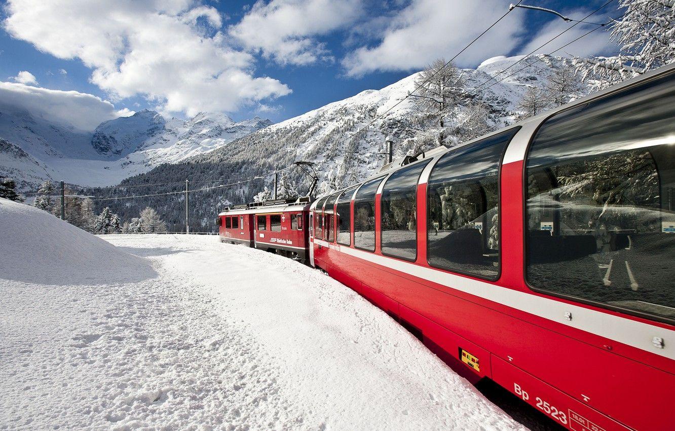 1332x850 Wallpaper winter, mountains, train, Switzerland, Alps, electric, beauty. image for desktop, section пейзажи