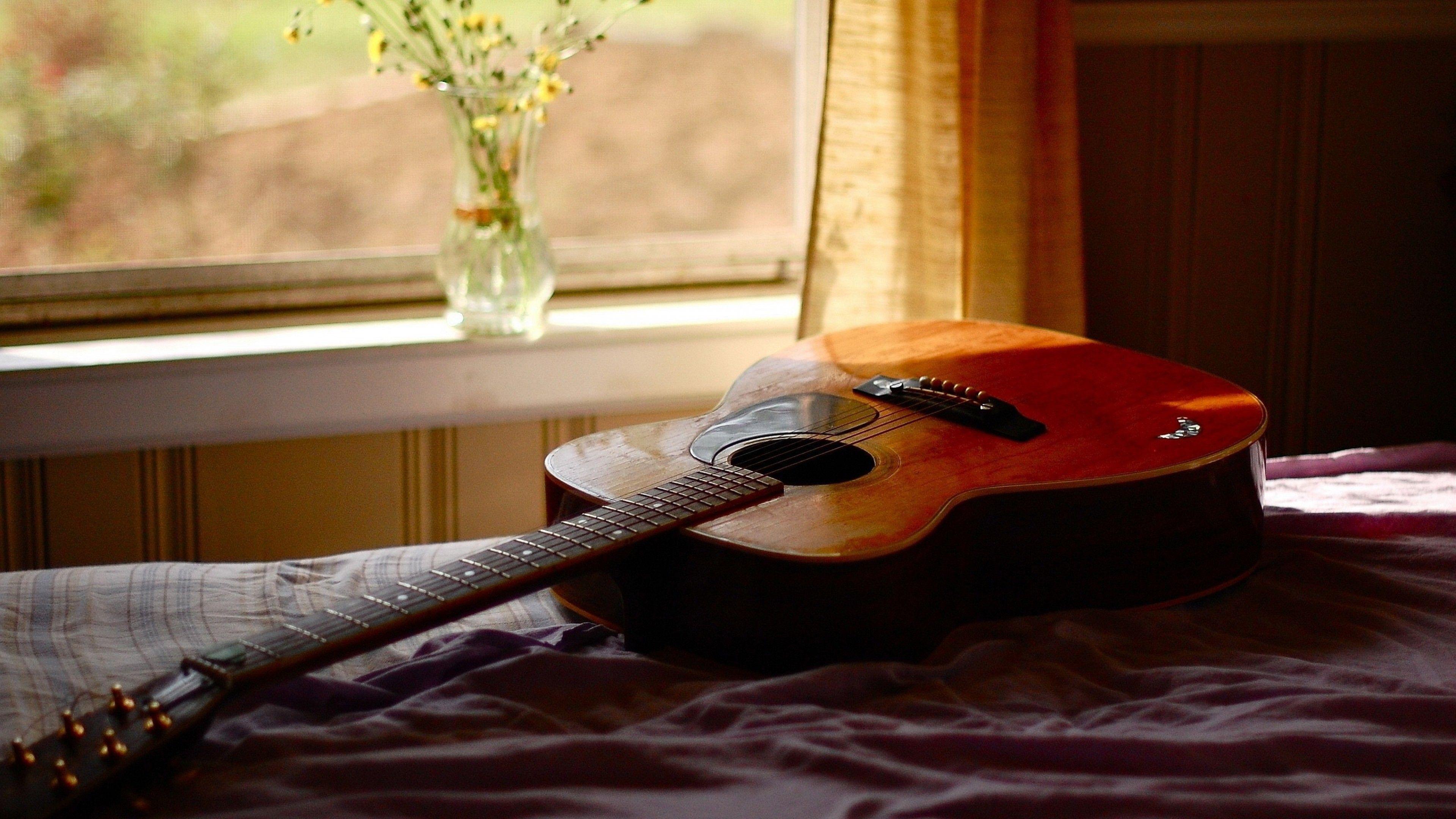 3840x2160 Download 3840x2160 Guitar, Instrument, Bed, Vase, Music Wallpaper for UHD TV