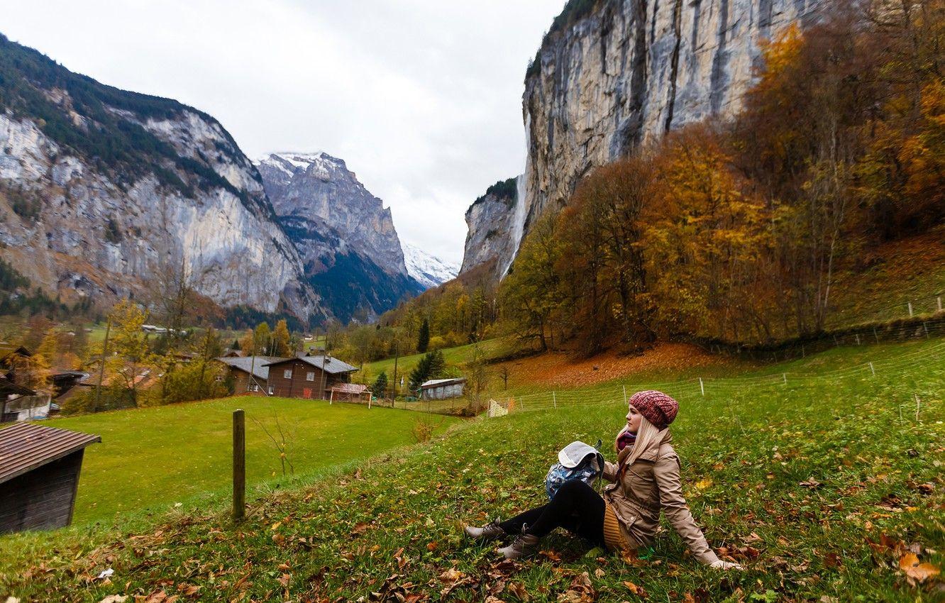 1332x850 Wallpaper autumn, leaves, girl, trees, landscape, mountains, nature, rocks, hat, home, Switzerland, valley, Alps, jacket, blonde, boots image for desktop, section пейзажи