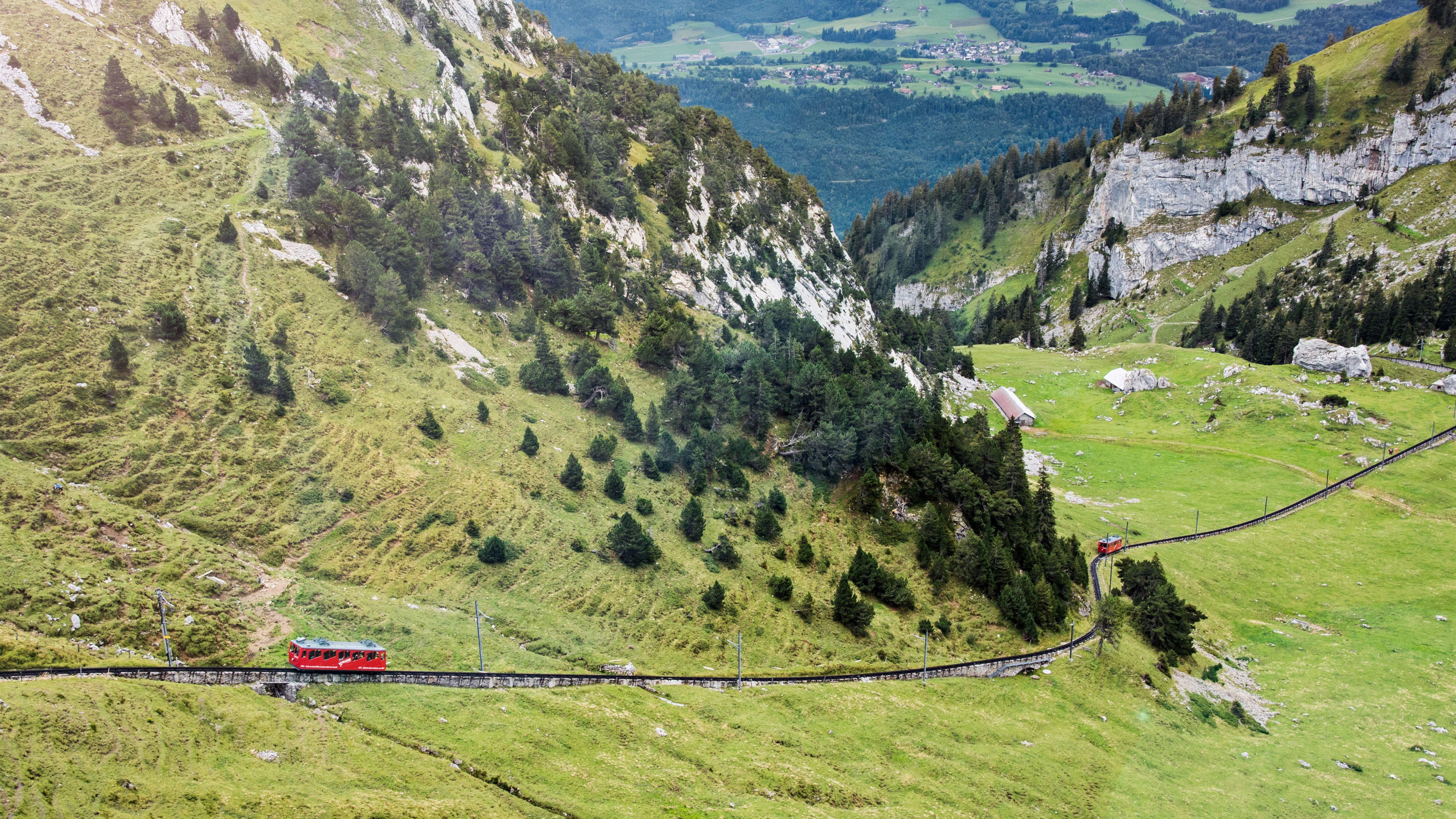 5120x2880 Wallpaper Switzerland, Pilatus, mountains, slope, trees, train, railway 5120x2880 UHD 5K Picture, Image