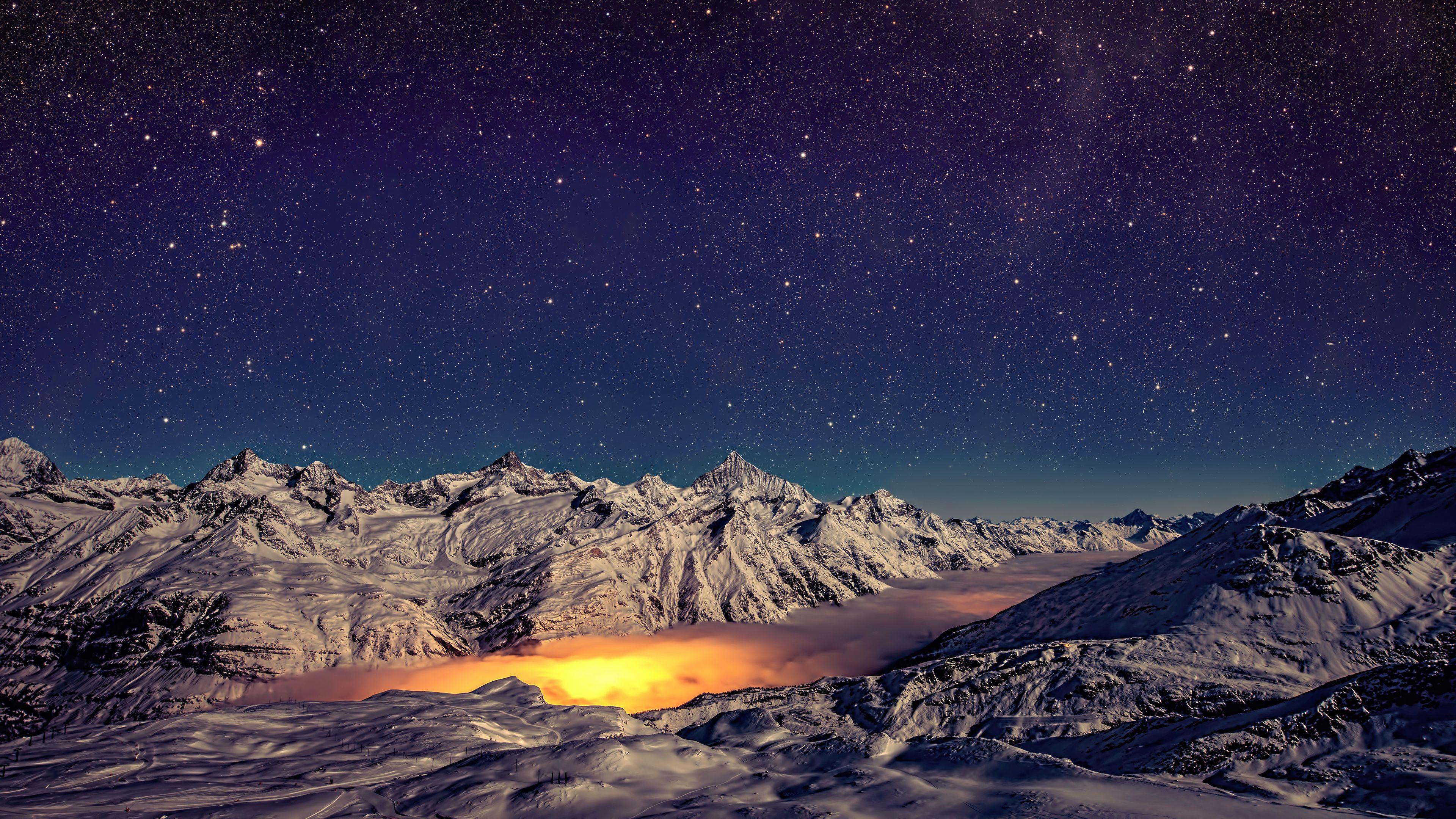 3840x2160 #mist, #mountains, #nature, #panoramas, #landscape, #stars, #snow, #night, #Alps, #Switzerland, #long exposure, wallpaper. Mocah.org HD Wallpaper