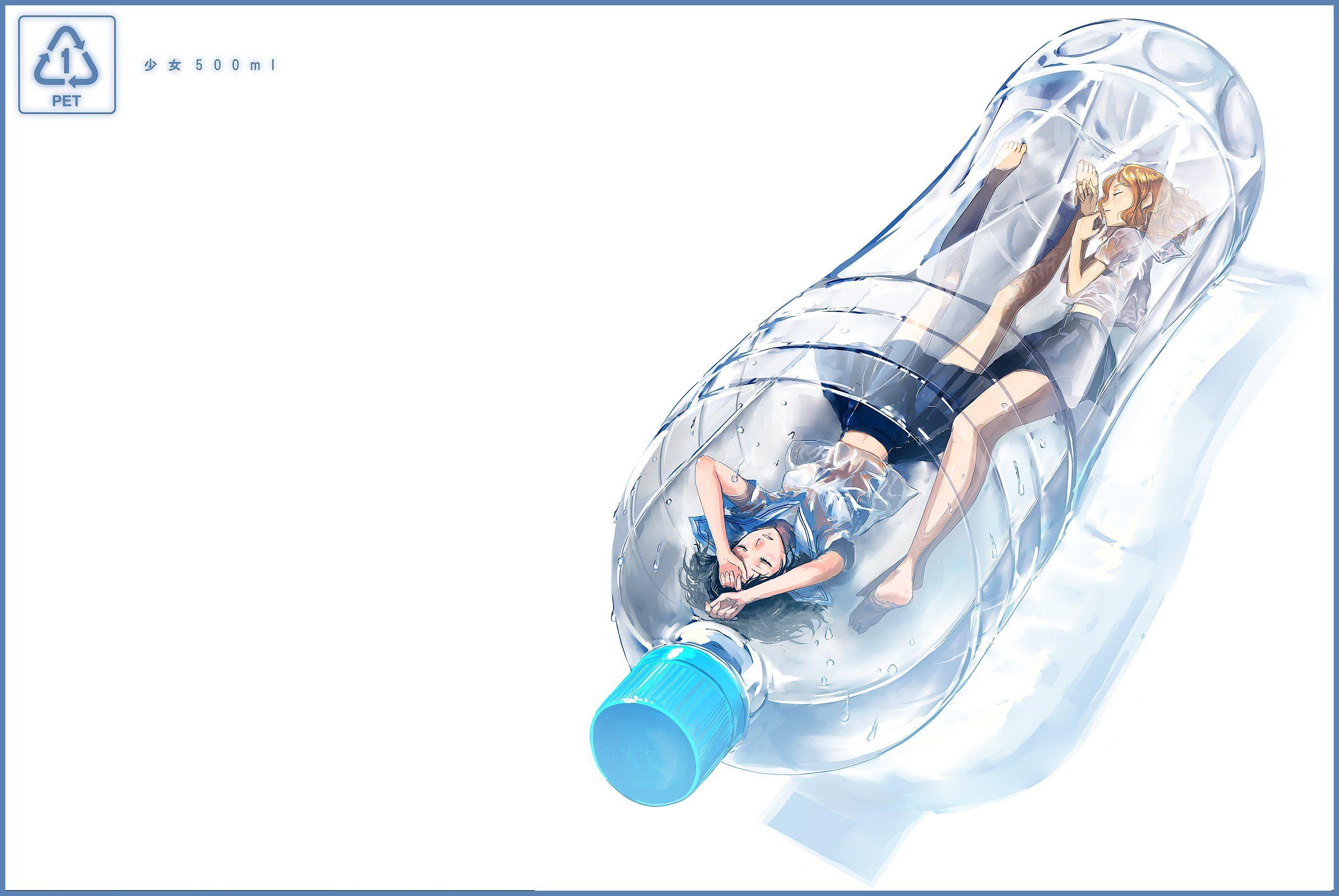 2520x1687 bottles, sleeping, Sleeping Beauty, simple background, anime girls, white background wallpaper