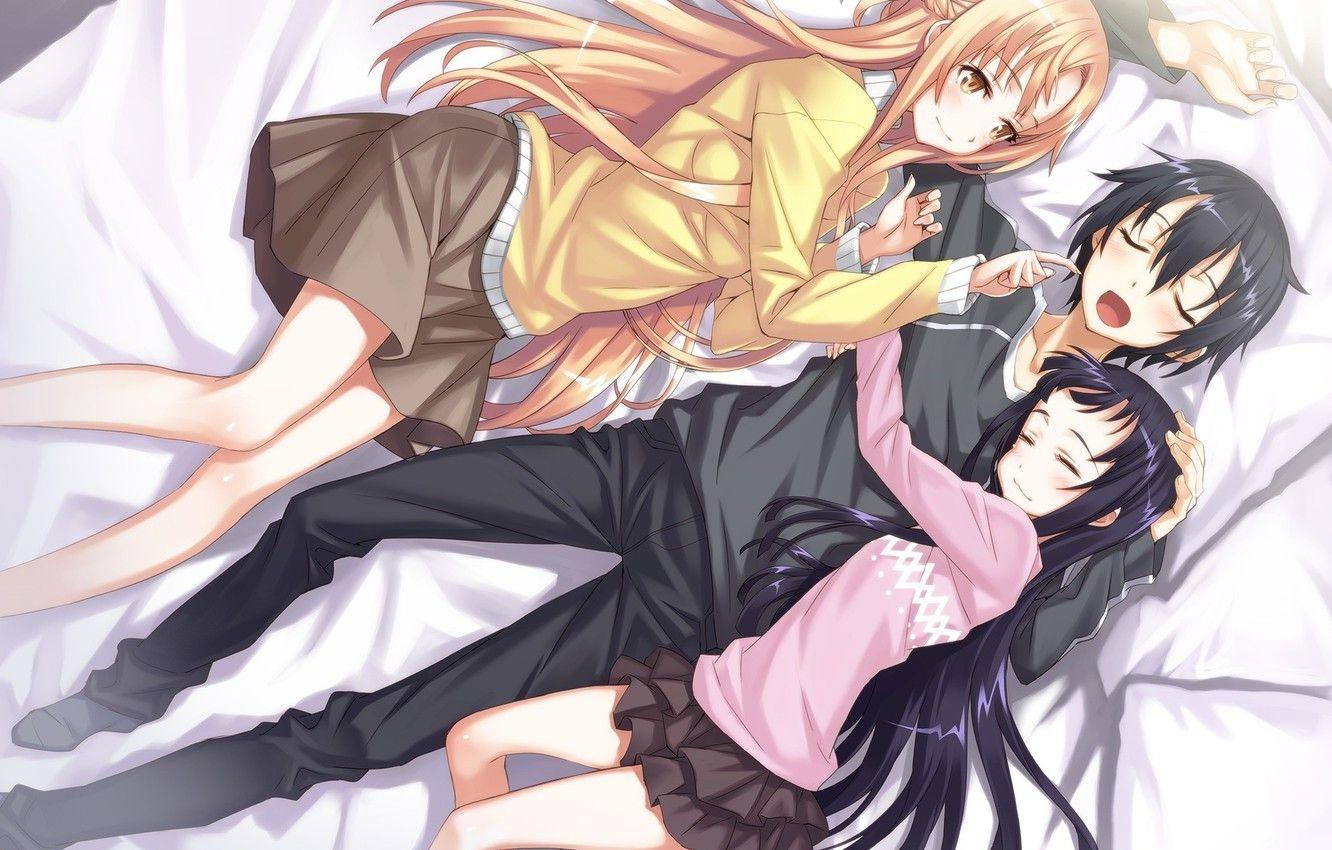1332x850 Wallpaper love, game, happy, smile, anime, pretty, harmony, MMORPG, brunette, bed, asian, cute, manga, pretty girl, happiness, sleeping image for desktop, section сёнэн
