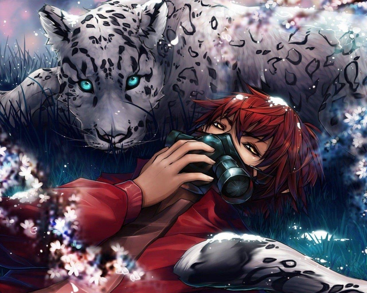 1280x1024 anime Boys, Gas Masks, Yellow Eyes, Big Cats, Flowers, Grass Wallpaper HD / Desktop and Mobile Background